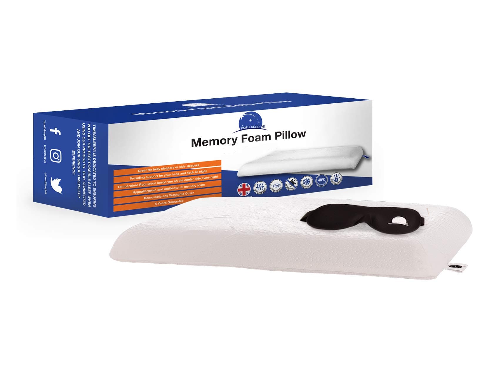 Time2Sleep Ergonomic Gel Infused Memory Foam Pillow for for front sleepers. Flat and Slim Ideal for Spinal Support, Hypoallergenic with Washable Bamboo Cover.