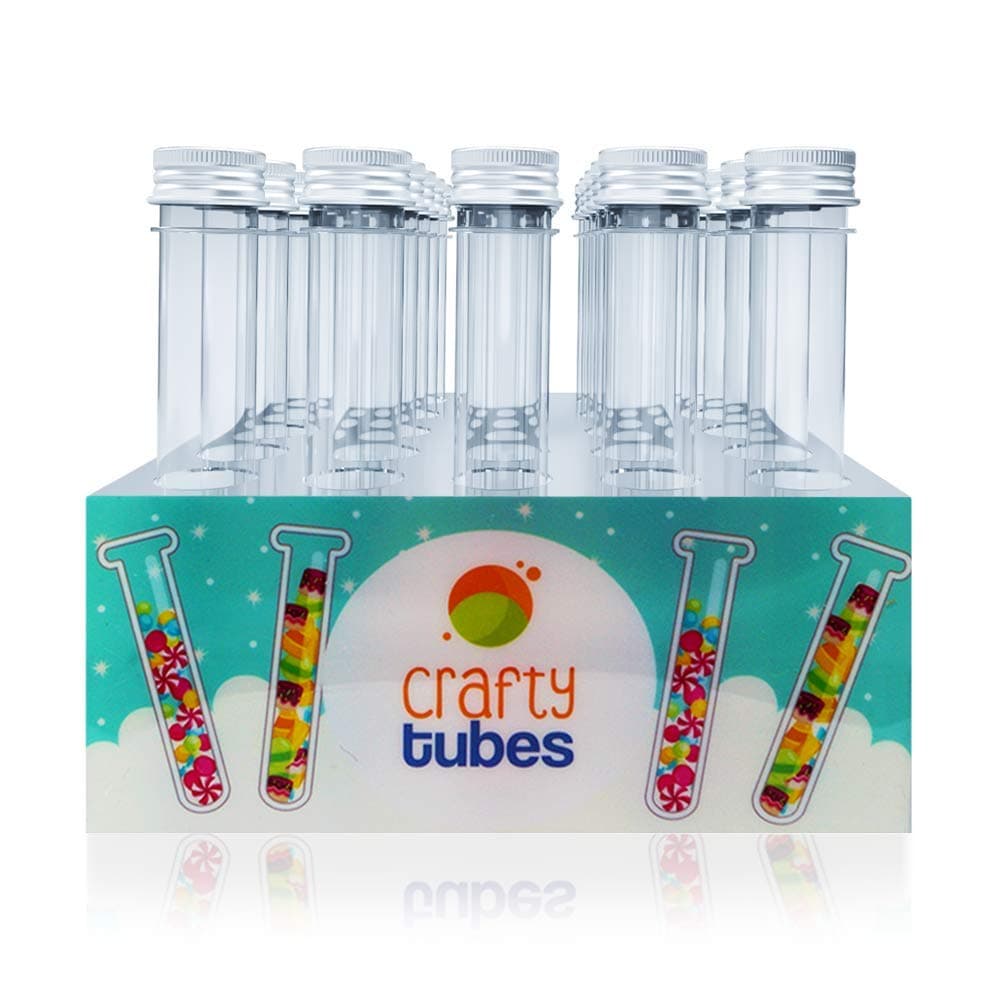 Crafty Tubes 25 Ultra Long Clear PET Plastic Test Tubes Beaker Set with Thin Rack Holder, Wire Brush,Caps & 32 Labels, 25mm x 178mm (60ml) - Science, Shot, Beads, Candy, Containers & Craft Storage