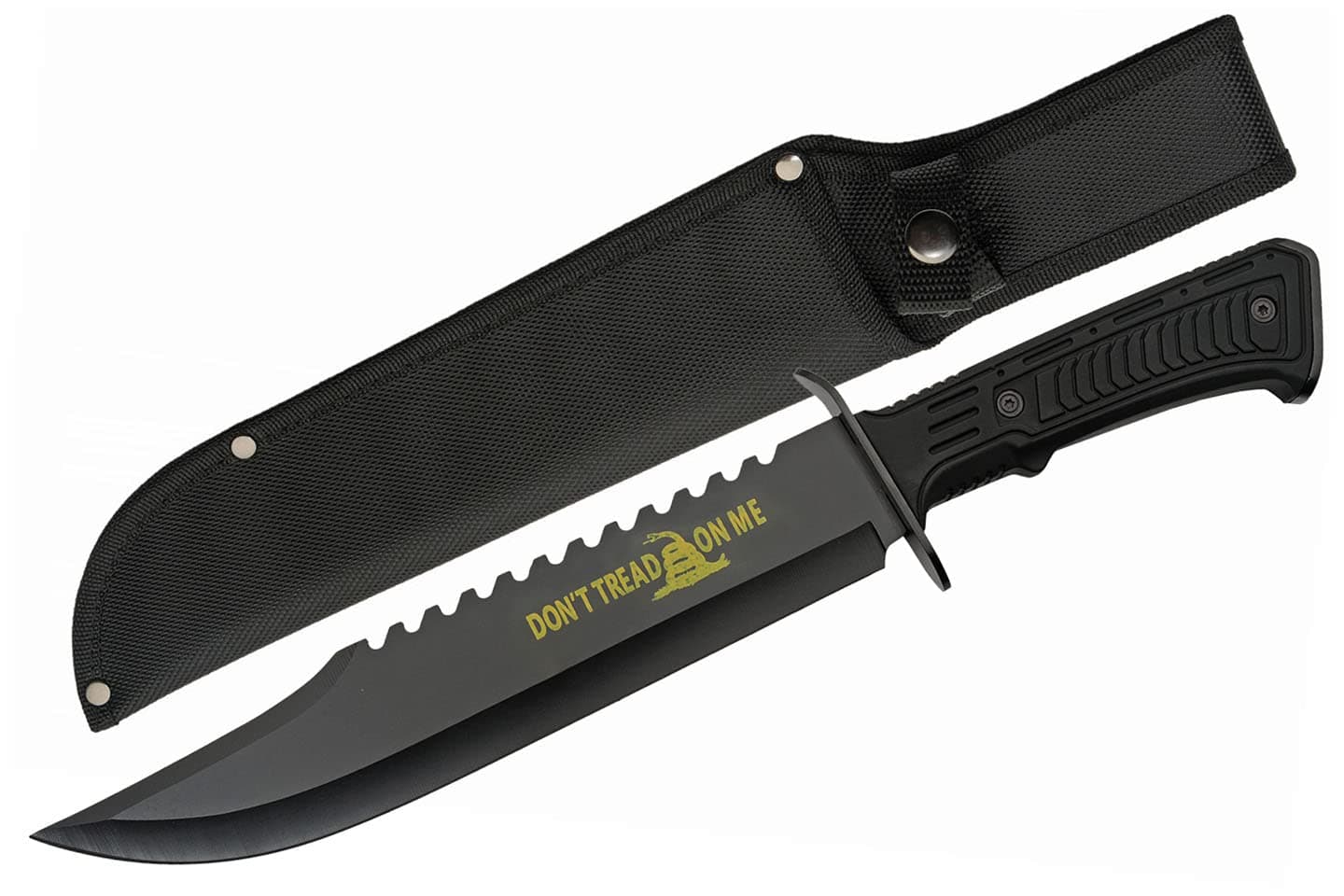 SZCO Full Tang Hunting Knife 15 Inch - DON'T TREAD ON ME Printed Camping Knife with Rubberized Handle, Stainless Steel Sawback Blade & Sheath - Black Pocket Knife for Hunting & Camping - Knives for Men