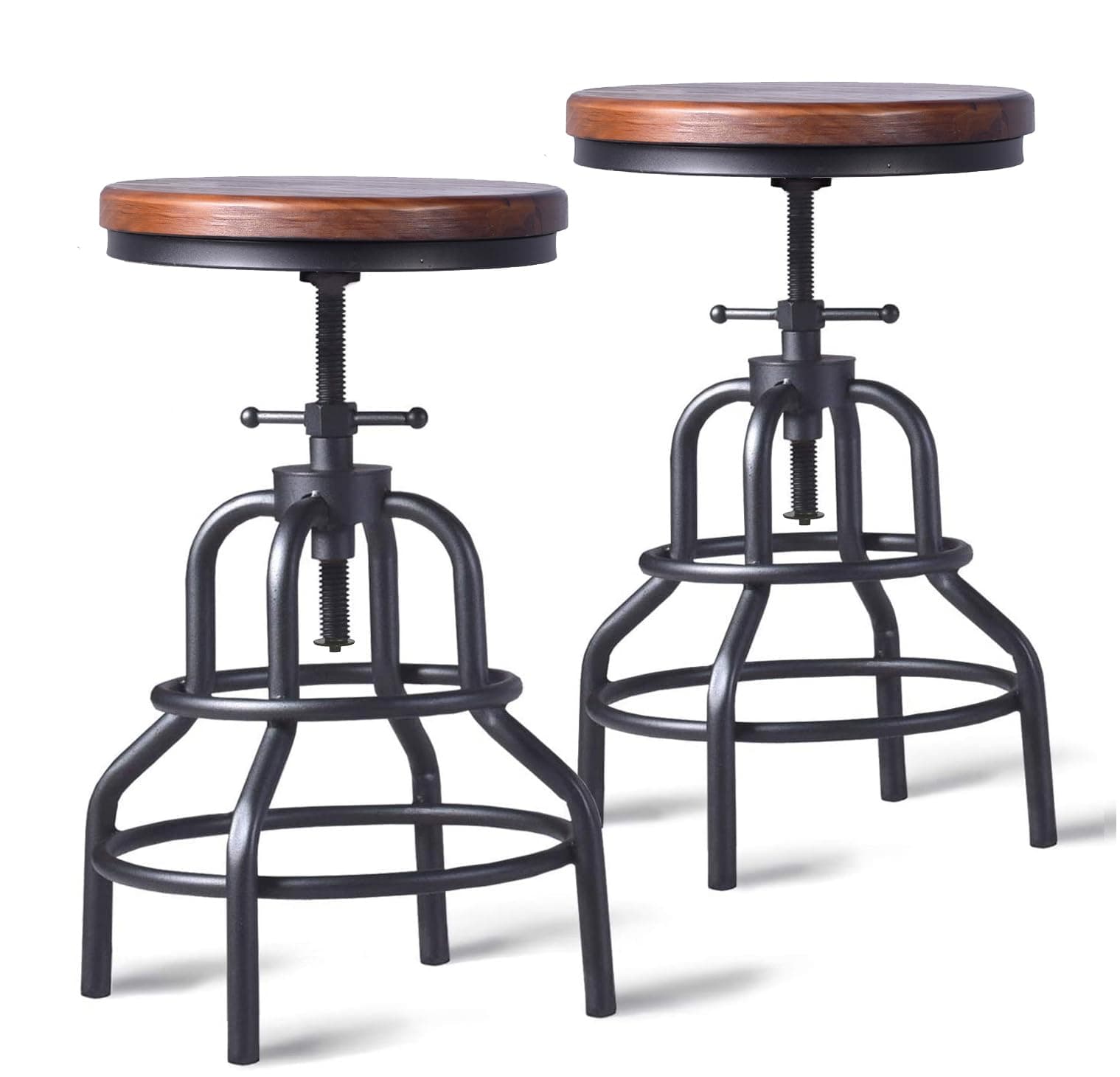 LOKKHAN Vintage Industrial Bar Stool-Rustic Swivel Barstools-Round Wood Metal Base-Kitchen Counter Height Adjustable Pipe Stool-Cast Steel Chairs 20-27 Inch (Set of 2)