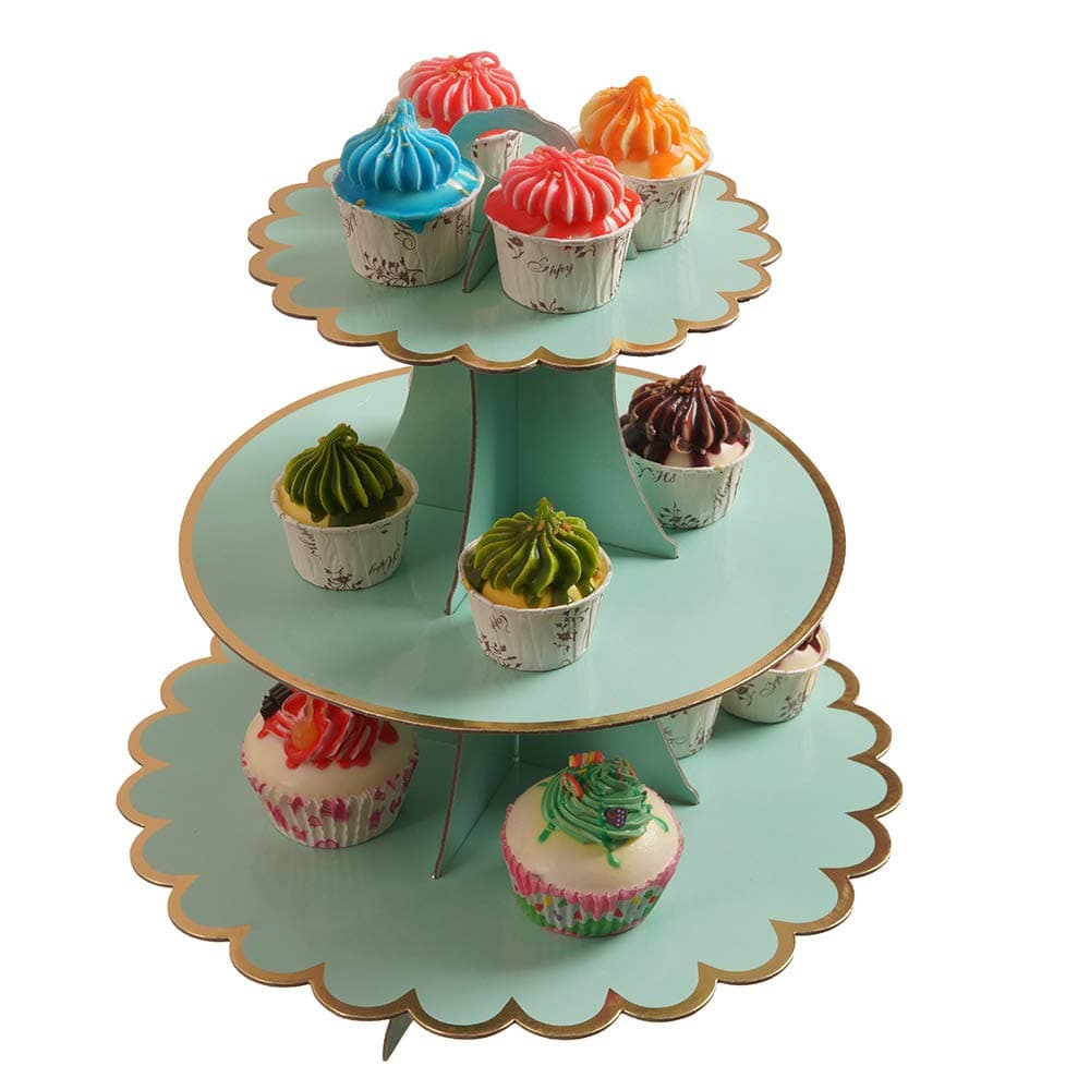 3-Tier Cupcake Stand, Lace Trim Cake Stand holder, Tiered DIY Cupcake Stand Tower for Dessert Table Displays, Birthday Theme Party Favors Decoration, Floral Tea Party, 12"W x 12.8"H, Mint Green