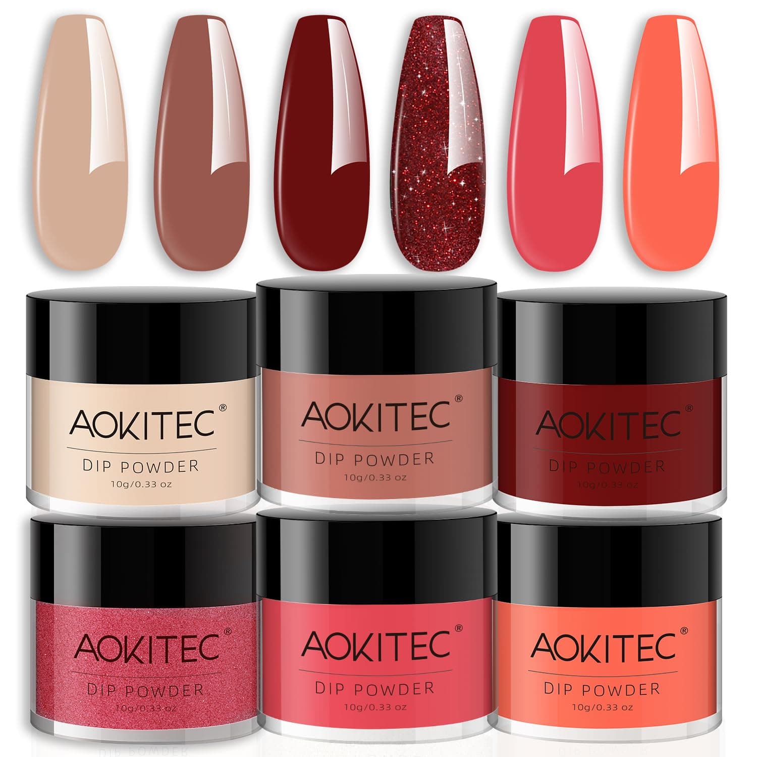 Aokitec 6 Colours Dip Powder, Easy to Use Nail Dipping Powder - DIY French Nails, No Lamp Needed - Red, Pink