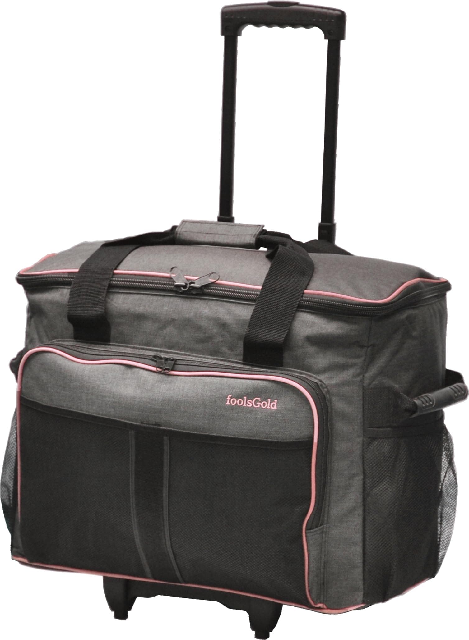 foolsGold Pro Thick Padded Sewing Machine Trolley Bag Carry Case on Wheels - Charcoal/Pink