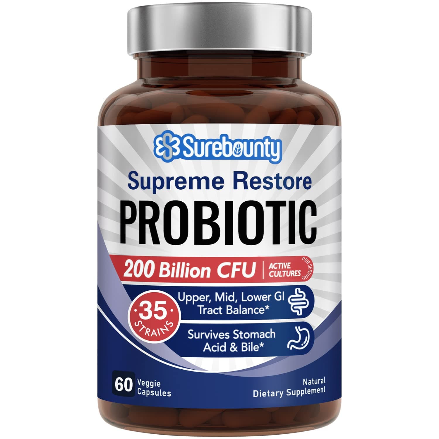 Probiotic for Men & Women, 200 Billion CFU 35 Strains, Prebiotics + Digestive Enzymes, Supreme Restore Probiotic Supplement, 60 Veggie Capsules