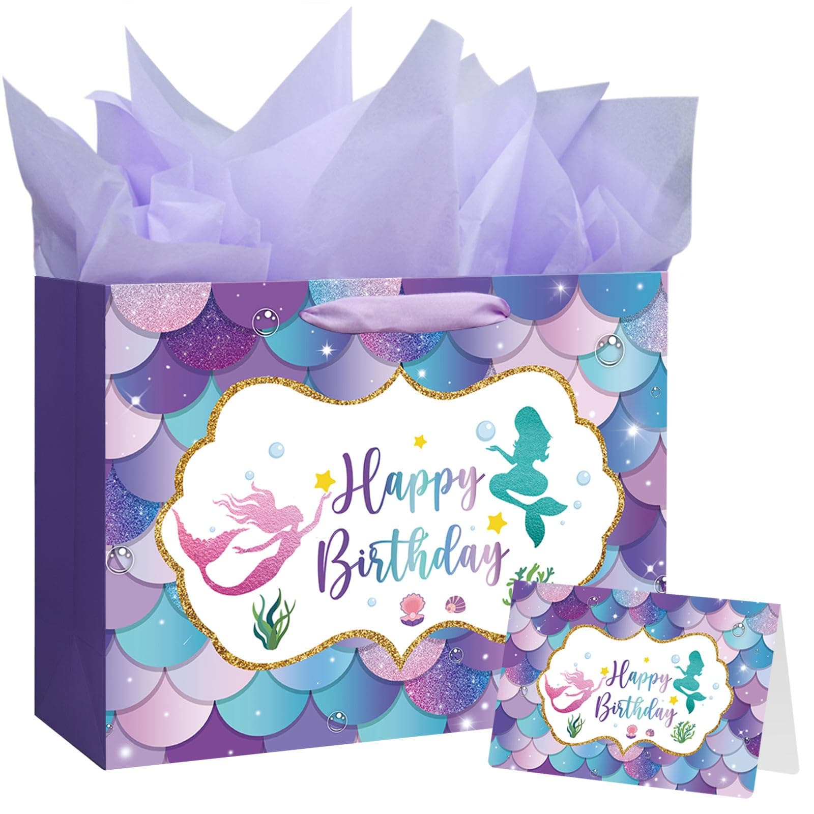 Laidans 13" Large Mermaid Happy Birthday Gift Bag with Handle, Tissue Paper and Card for Kids Girls