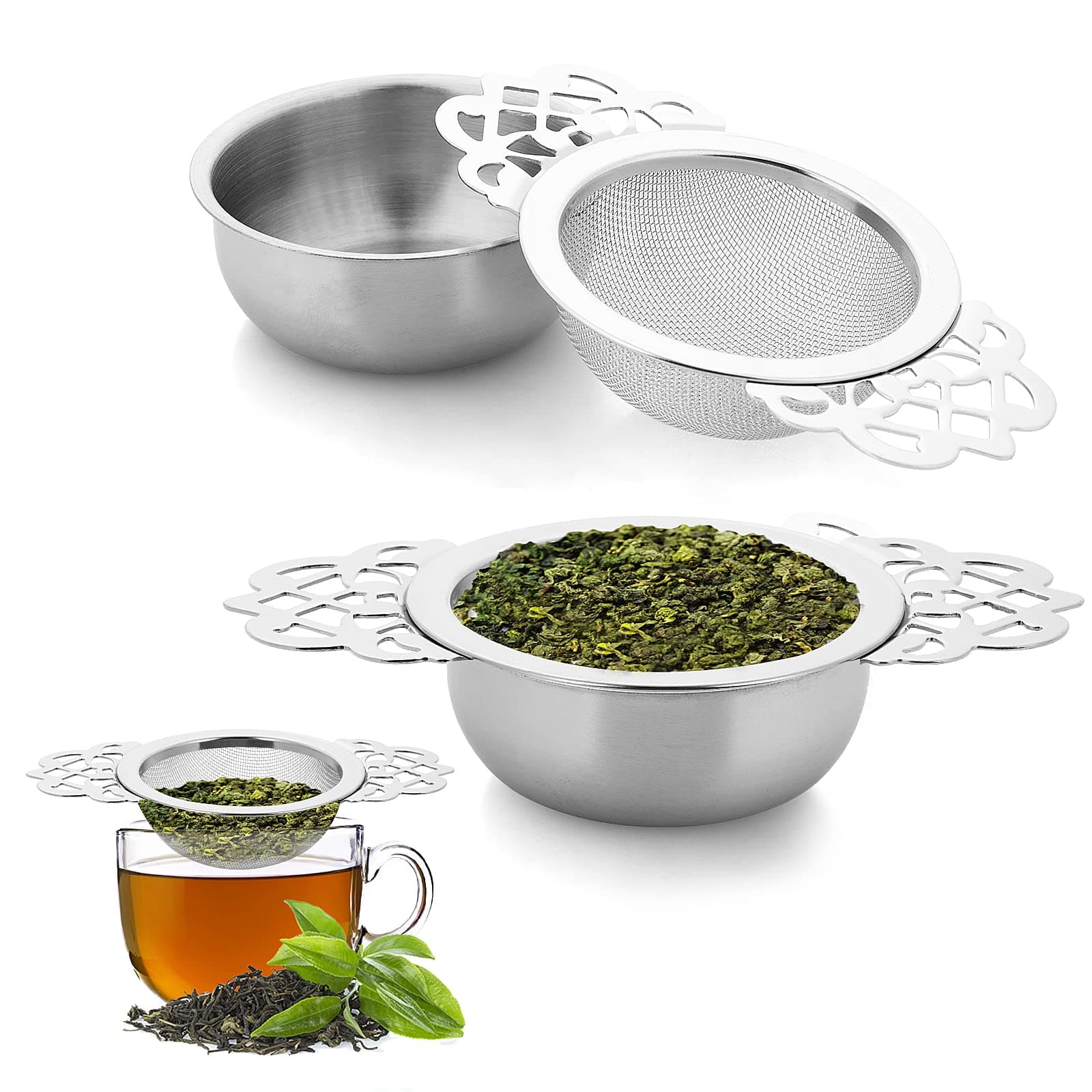 2 Pack Small Fine Mesh Tea Strainers with Bowl, Stainless Steel Loose Tea Infusers Strainers 7 cm Diameter Tea Filter with Double Wing Extender Ideal for Loose Tea Juice Coffee Filter