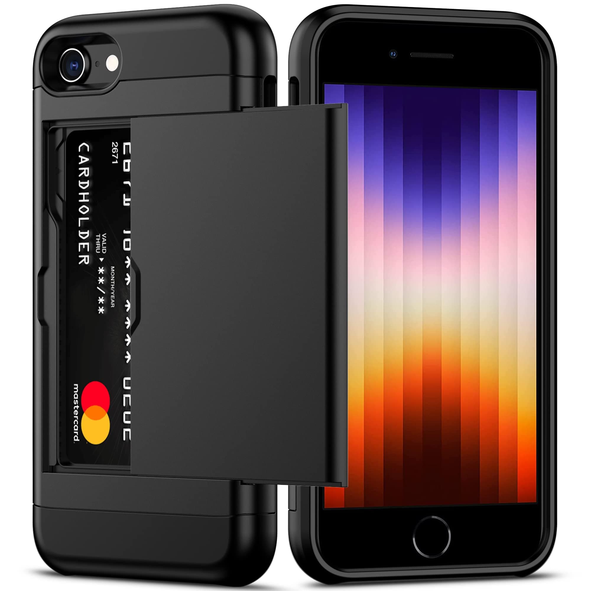 for iPhone SE Case 2022/iPhone SE 2020/7/8 Case with Card Holder Heavy Duty Protective Dual Layer Shockproof Hidden Card Slot Slim Wallet Case for iPhone SE 3rd/2nd/7/8-4.7''(Black)