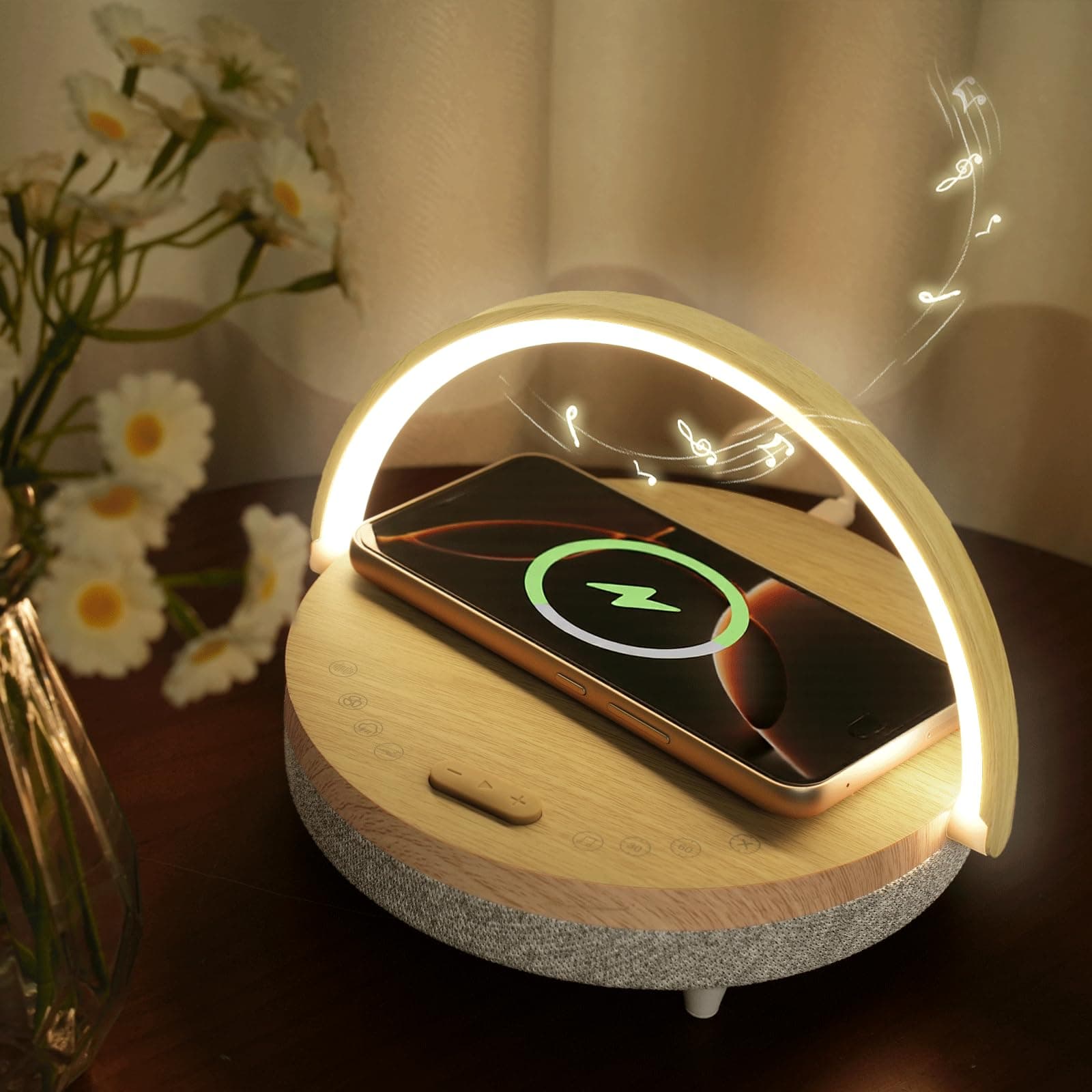 Bedside Table LED Night Light with Wireless Charger and Bluetooth Speaker, Desk Lamp As Sleep Aid White Noise Machine and Phone Holder, Great Birthday Gifts for Girlfriend, Women(Music Upgrade)