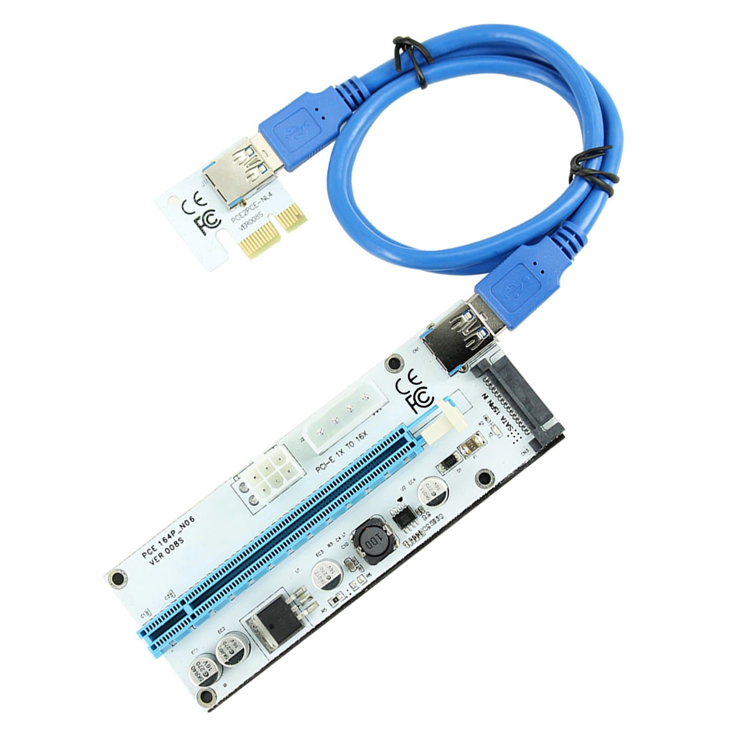 VER 008S PCI-E Express Cable 1X TO 16X Graphics Extension Ethereum ETH Mining Powered Riser Adapter Card, 60cm USB 3.0 Cable, 4 Solid Capacitors,15pin Male to 6pin Power Slot Connector (1 Pack)
