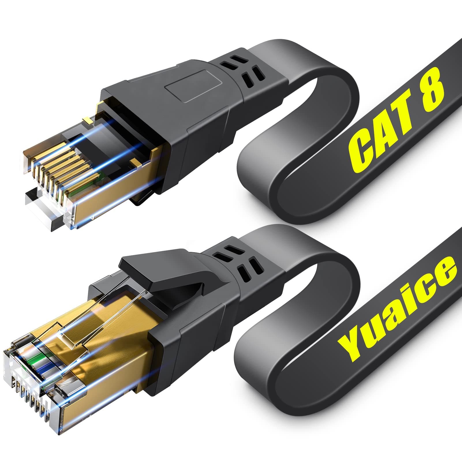 Yuaice Cat 8 Ethernet Cable, 50FT Heavy Duty High Speed Flat Internet Network Cable, Professional LAN Cable, 26AWG, 2000Mhz 40Gbps with Gold Plated RJ45 Connector, Shielded in Wall, Indoor&Outdoor