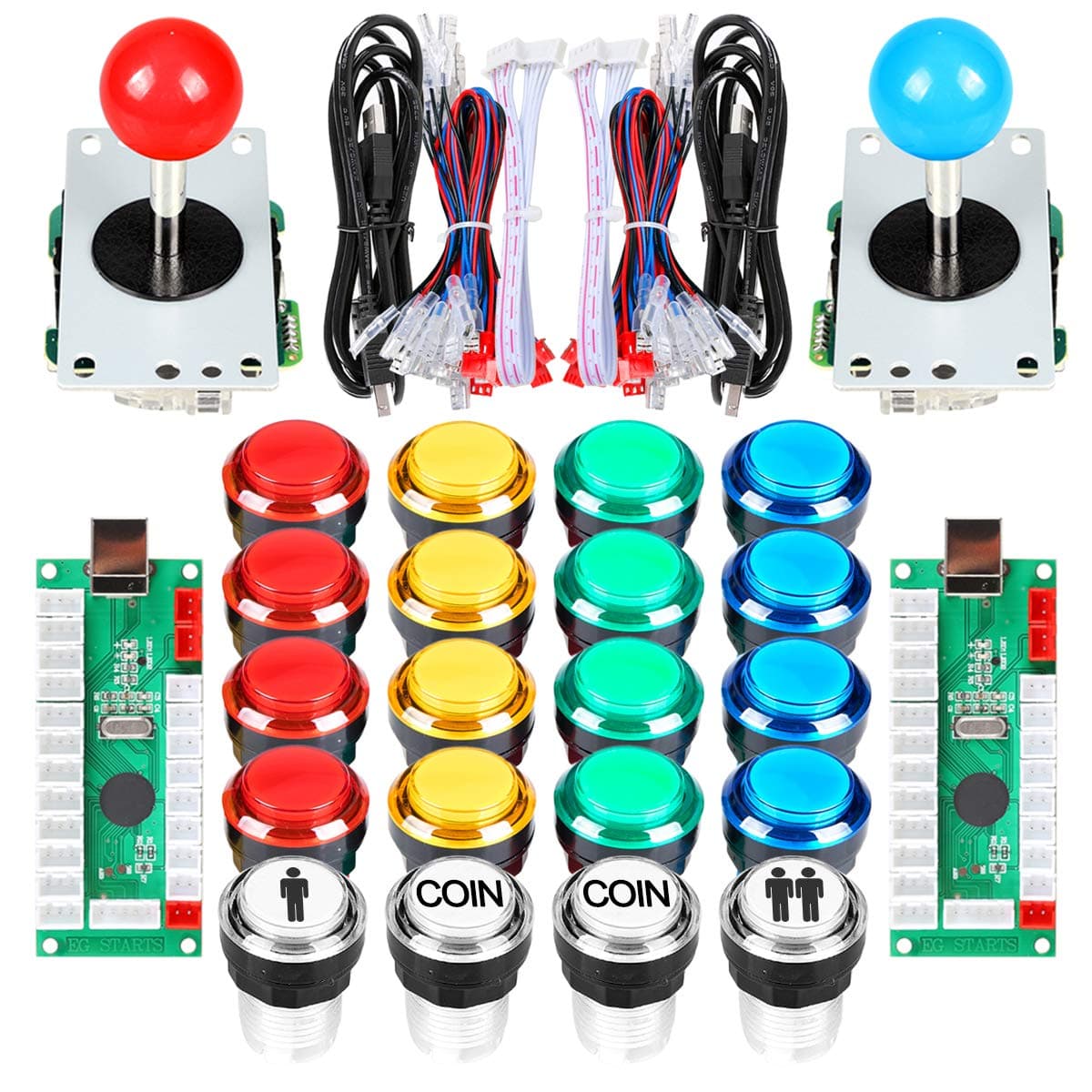 2 Player Arcade Stick DIY Kit USB Encoder to PC Joystick Games + 2x 5Pin Rocker + 16x 30mm 5V LED Lit Push Button 1 + 2 Players Coin Buttons For Raspberry Pi 1 2 3 3B Mame Fighting Stick