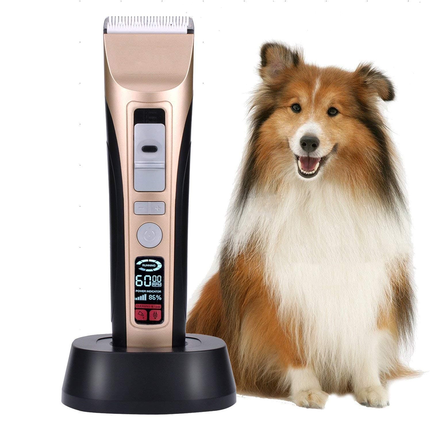 Rision Professional Pet Grooming Clipper Kit Low Noise Rechargeable Cordless Dog Hair Trimming Clippers Set with 5 Adjustable Working Speed for Dogs Cats and Other Animals (Gold)