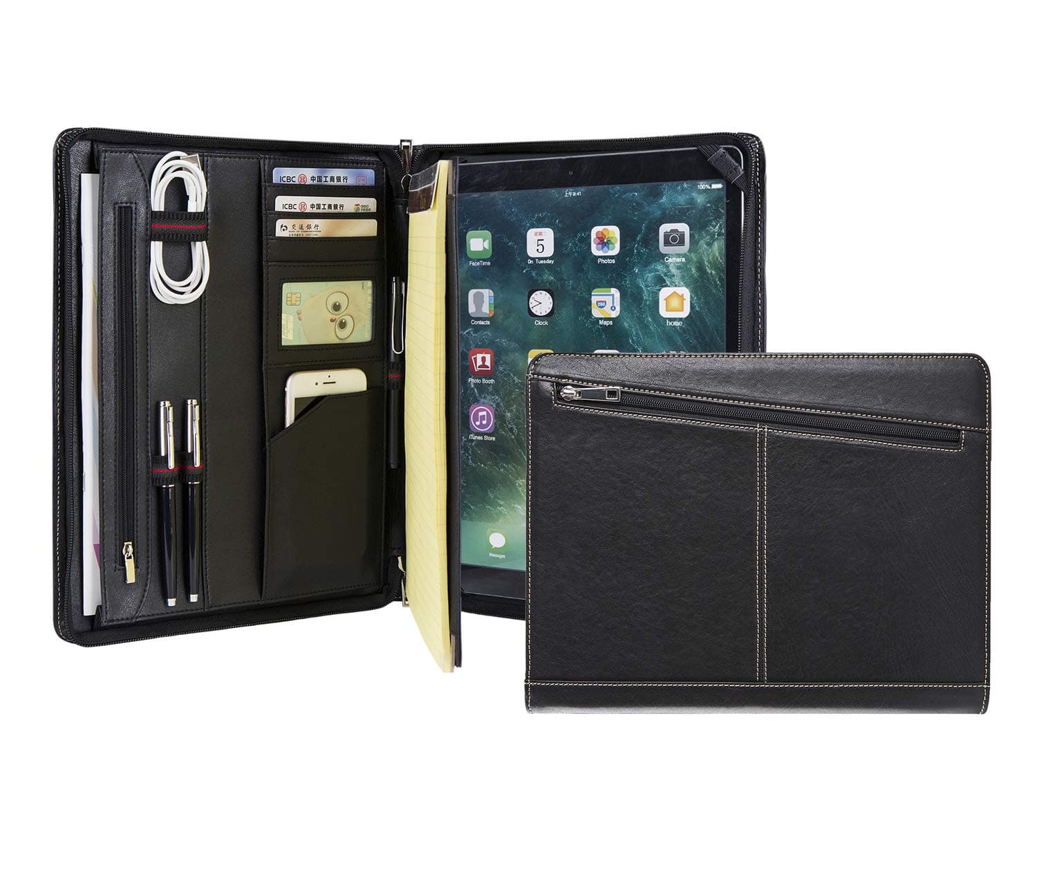 Handmade Genuine Leather A4 Conference Folder Zipped,Business Portfolio Case for iPad Pro 12.9 (2015/2017), Padfolio Organiser for Men,Black