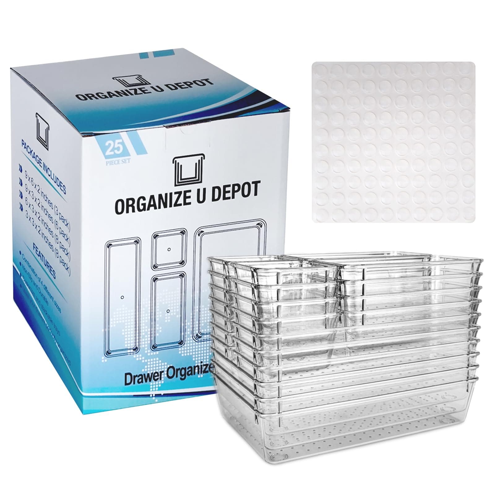 25 Piece - Non-Slip Drawer Organizer Bin Set- Clear bins with stick on non slip pads