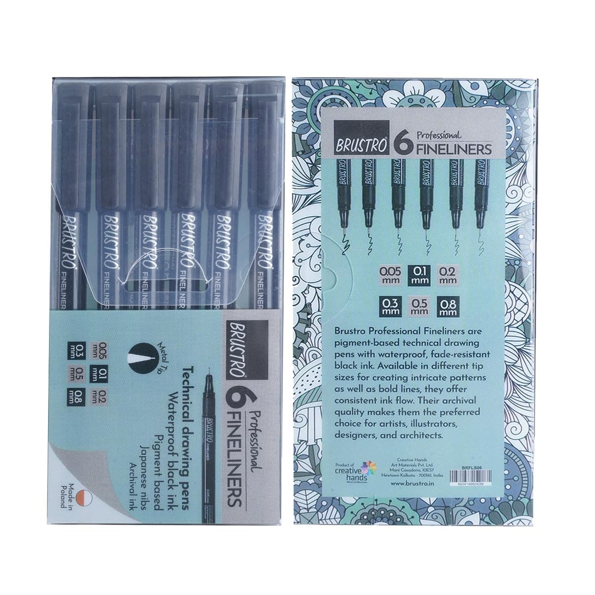 BRUSTRO Professional Pigment Based Fineliner Pen | Black | Set of 6 - Tip Sizes - 0.05mm, 0.1mm, 0.2mm, 0.3mm, 0.5mm, 0.8mm | Ideal for Mandala, Drawing,Artist Illustration,Sketching