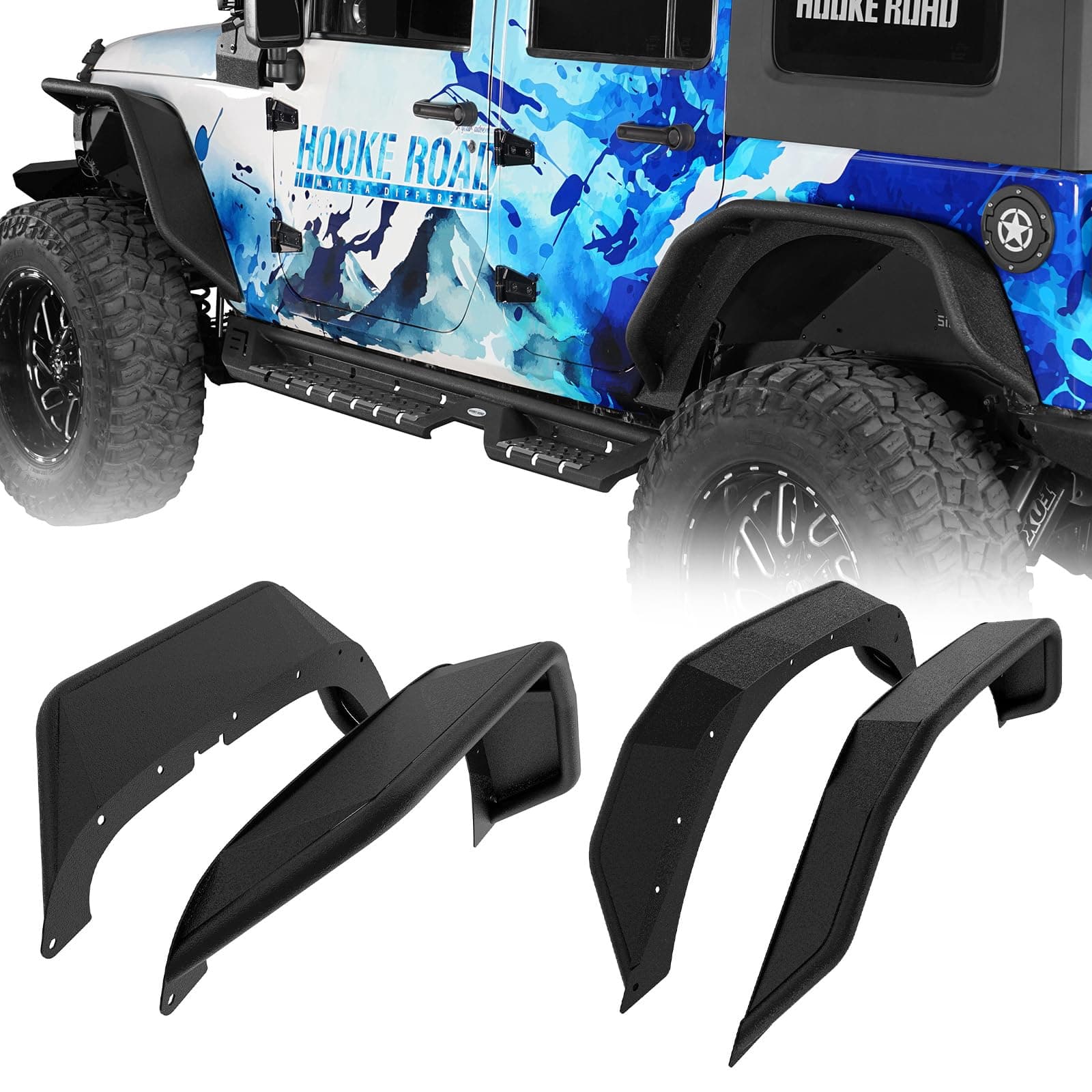 JK Tubular Tube Fender Flares Front & Rear Kit for 2007-2018 Jeep Wrangler JK 2/4 Doors Textured Black Solid Wheel Fenders