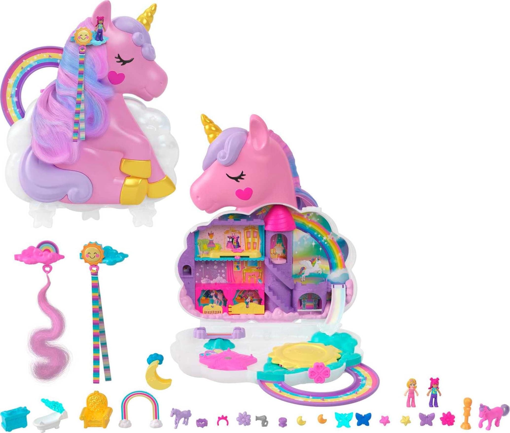 Mini Toys, Rainbow Unicorn Salon Styling Head and Playset with 2 Micro Dolls, 20+ Accessories and Moving Features