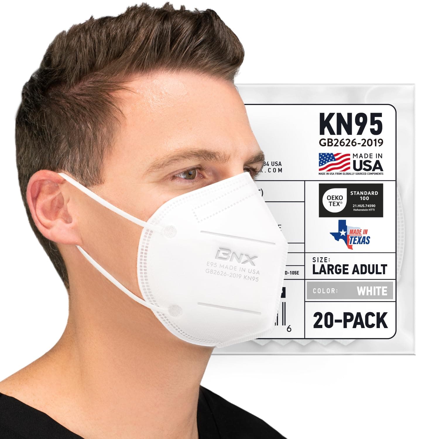 BNX KN95 Face Masks Made in USA (Adult Large, Adult Medium, Kids Small) (Earloop) (Model: E95/E95M/E95S)