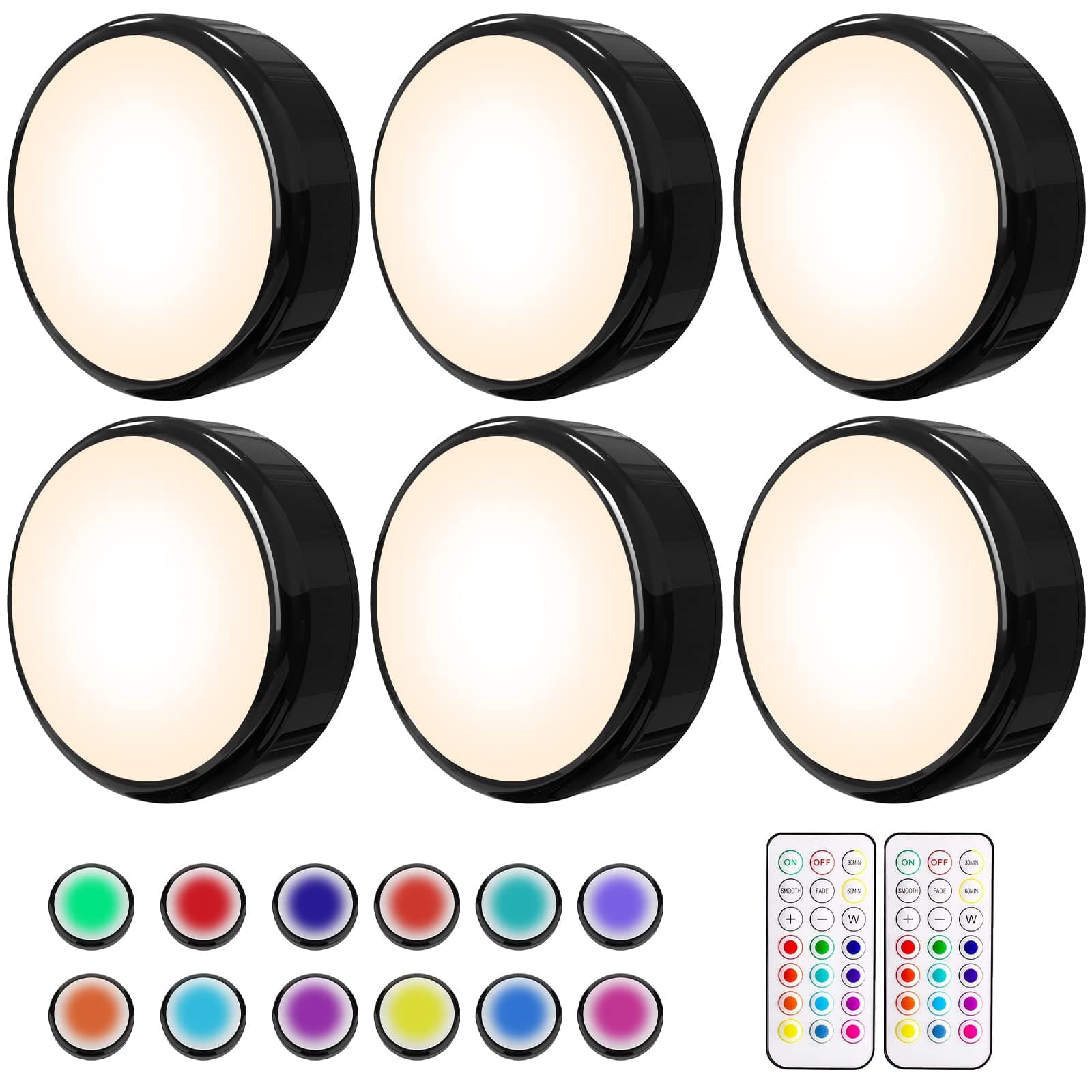 HELPLEX LED Puck Lights with Remote, 6 Pack Color Changing RGBW, Battery Powered, Dimmable Under Cabinet Lighting with Timer & Memory, Wireless Stick-On Lights, Black