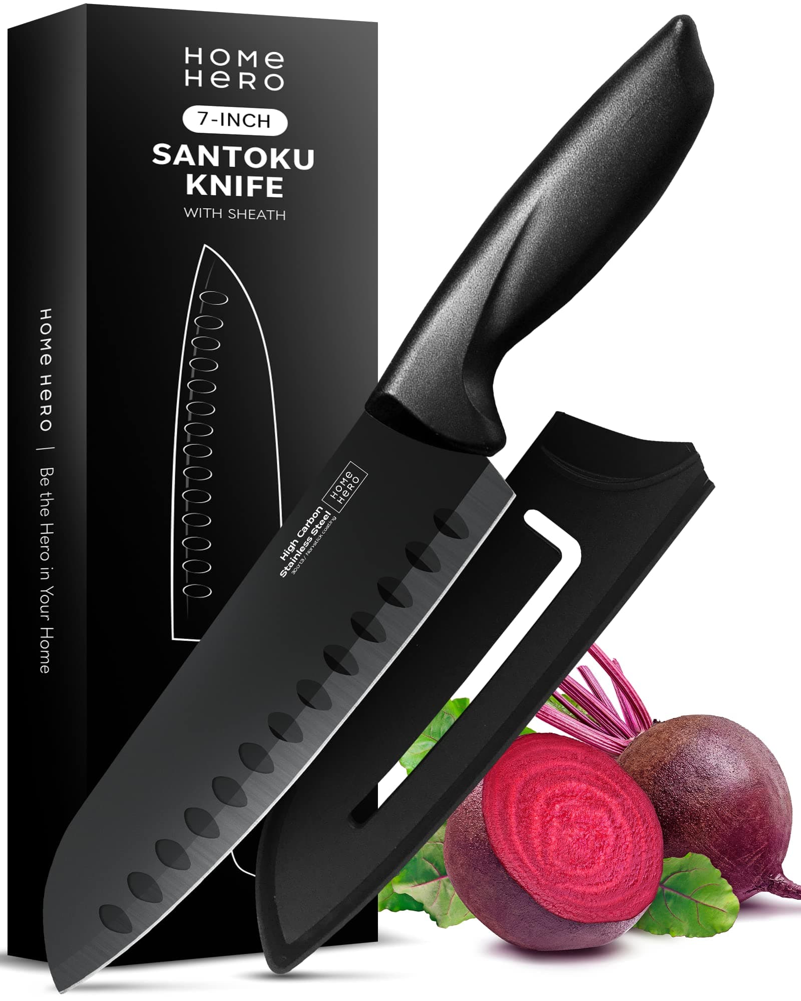 2 Pcs Santoku Knife with Sheath - High Carbon Stainless Steel Chopping Knife with Ergonomic Handle - Razor-Sharp Multi-Purpose Kitchen Knife for Chopping Vegetable and Cooking (Black)