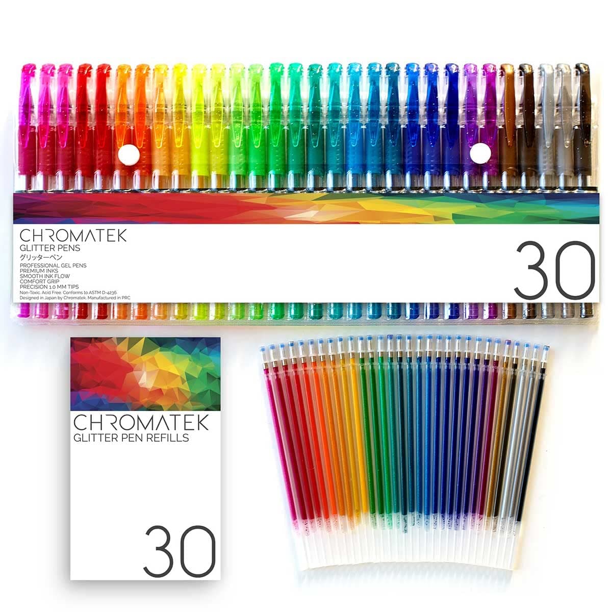 Glitter Pens 60 Set Best Colors. 200% the Ink: 30 Gel Pens, 30 Refills. Super Glittery Ultra Vivid Colors. No Repeats. Professional Art Pens. New & Improved