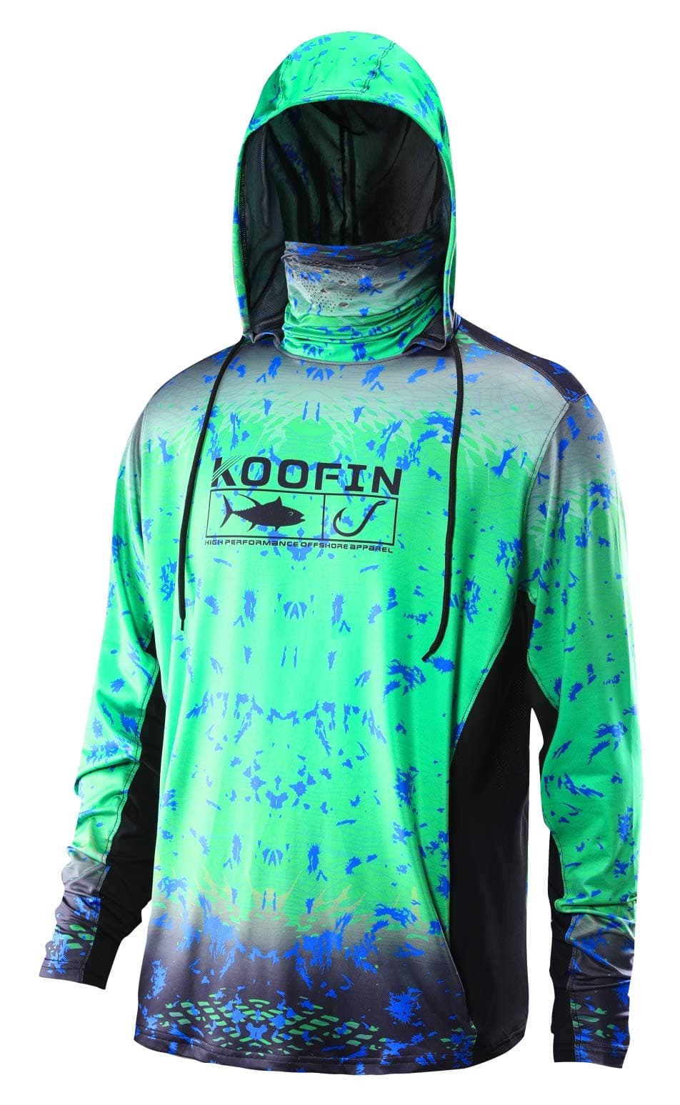 Performance Fishing Hoodie with Face Mask UPF50 Sunblock Shirt Hooded Long Sleeve with Drawstrings Pocket