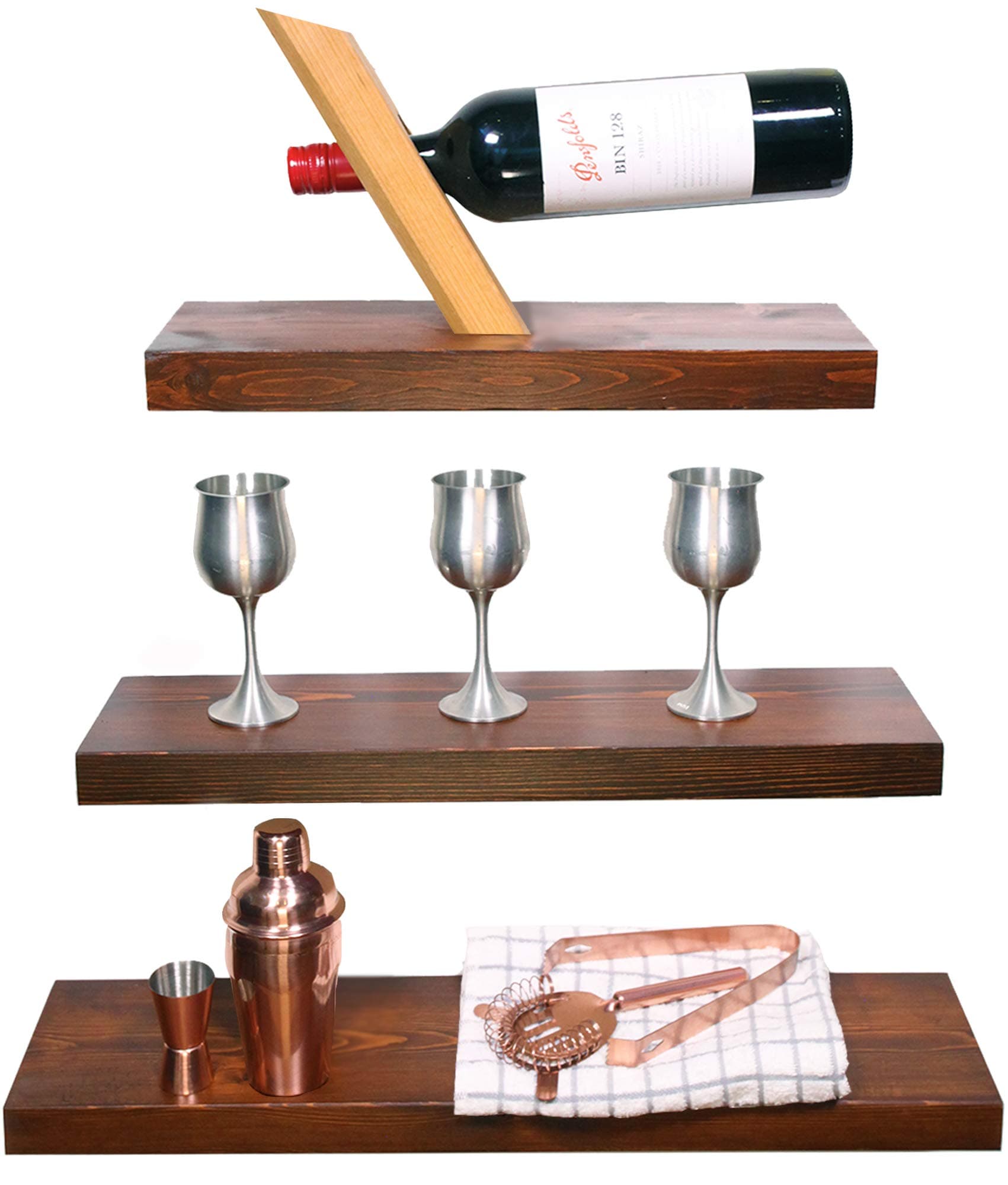 Modern Cottage Floating Shelves Wood with Rustic Walnut Varnish, Set of 3 Thick Wooden Shelves Wall Mounted, Perfect for Bedroom, Bathroom or Kitchen, Sized 24" + 20" + 16" Inches