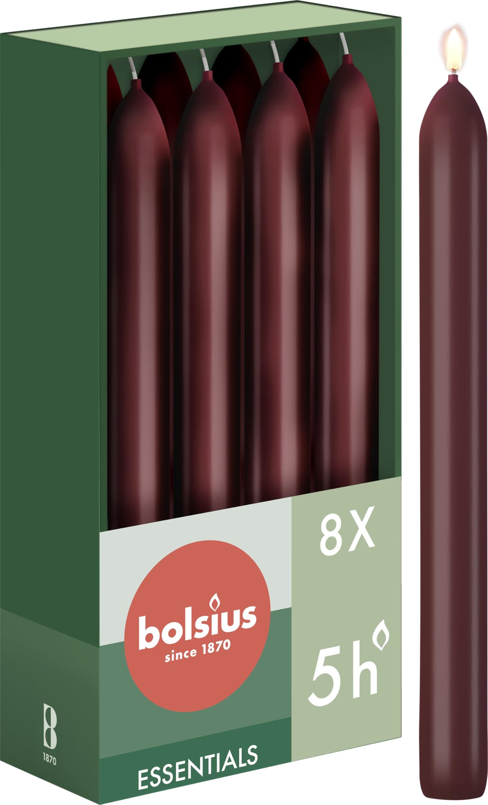 Bolsius Tapered Dinner Candles – Dark Red – 8-Pack – 17 cm – Long Burning Time of 5 Hours – Unscented – Includes Natural Vegan Wax – Without Palm Oil