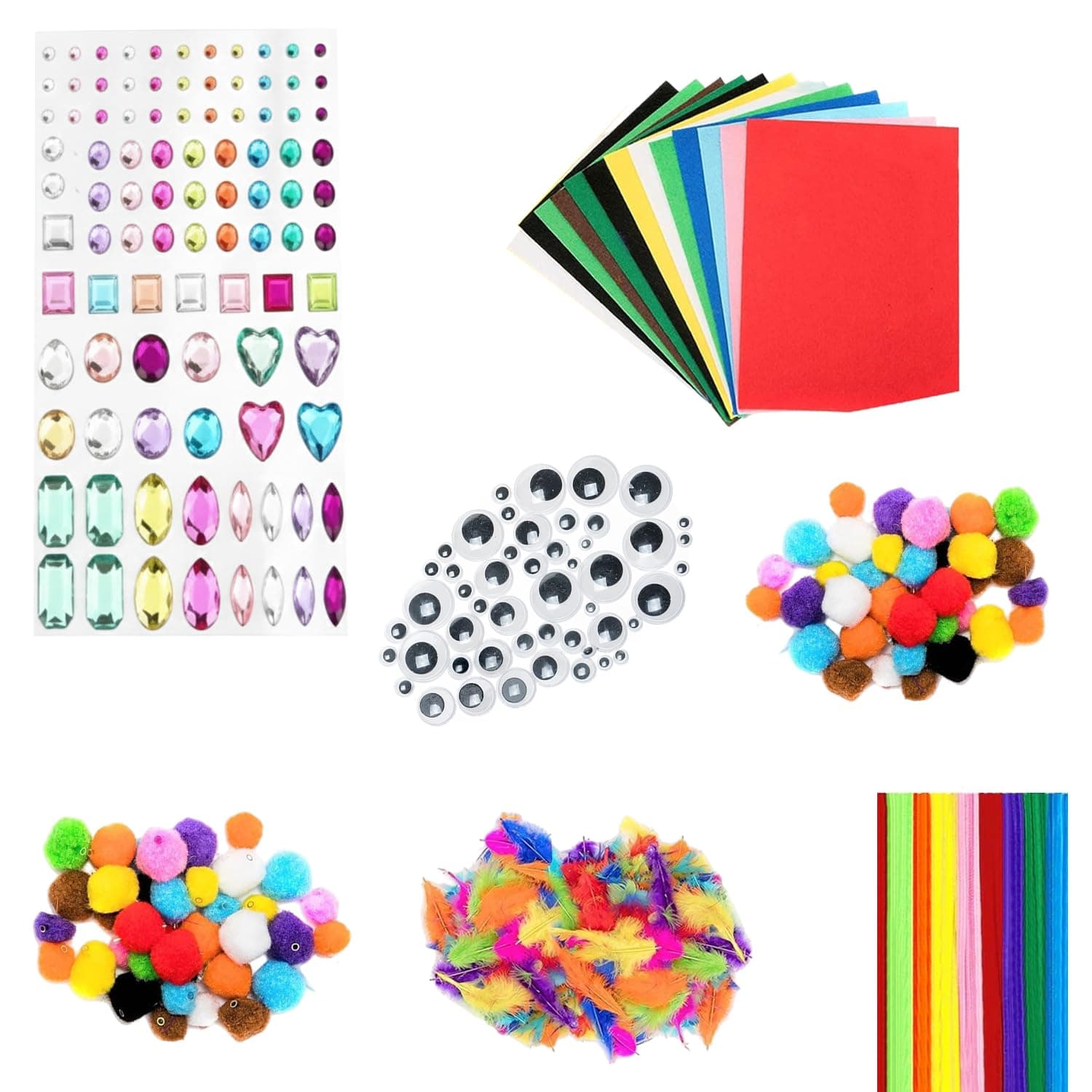 Crafting Kit - 280 Pieces - Inc Pipe Cleaners, Pompoms, gems, Googly Eyes, Felt & Feathers - Various Sizes and Colours - Great for Children and Adult Crafts, for Home or workshops