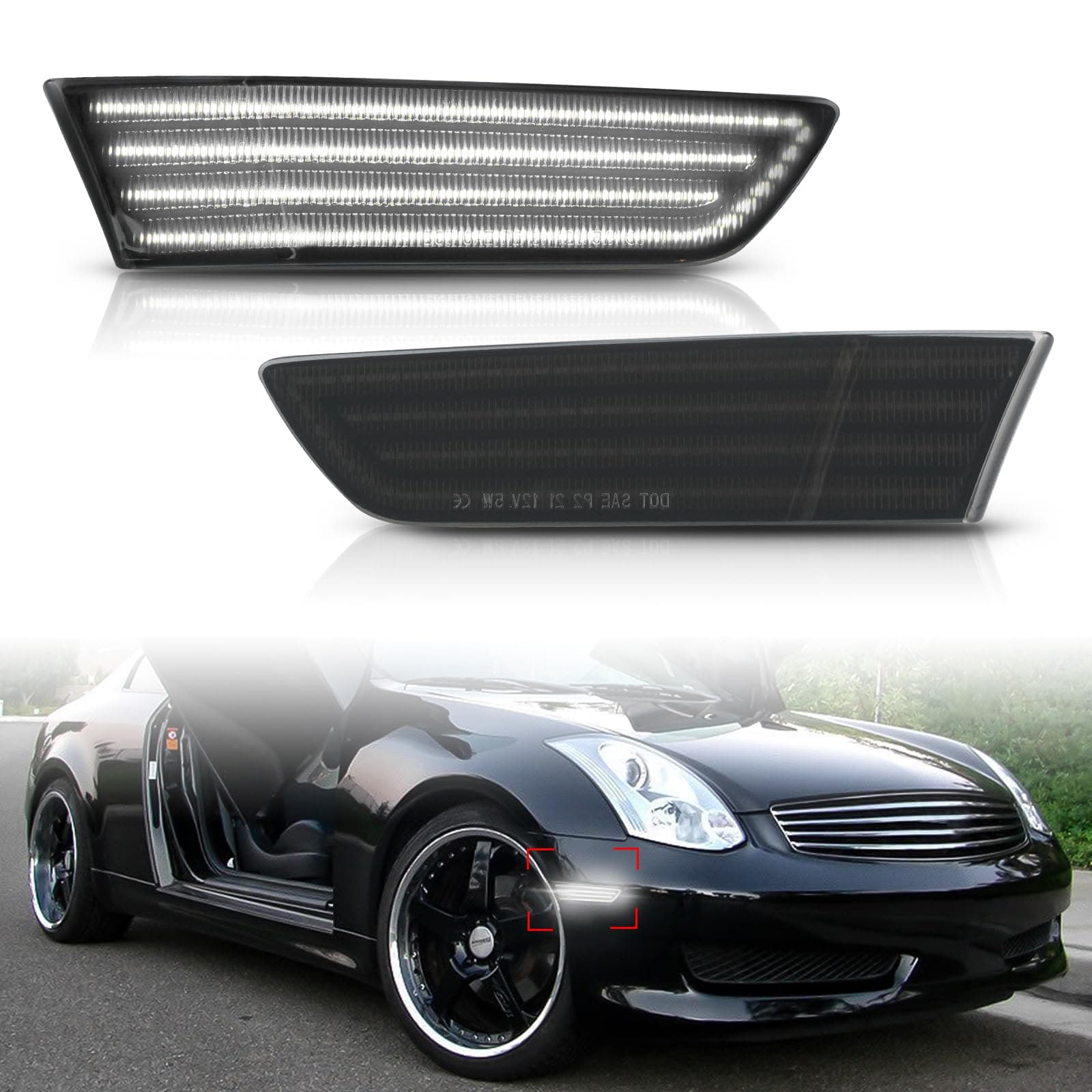 Bestview Side Marker Light Assembly Compatible for Infiniti G35 Coupe Skyline V35 2003-2007, White Front Bumper Lamps, Smoked Lens 2PCS