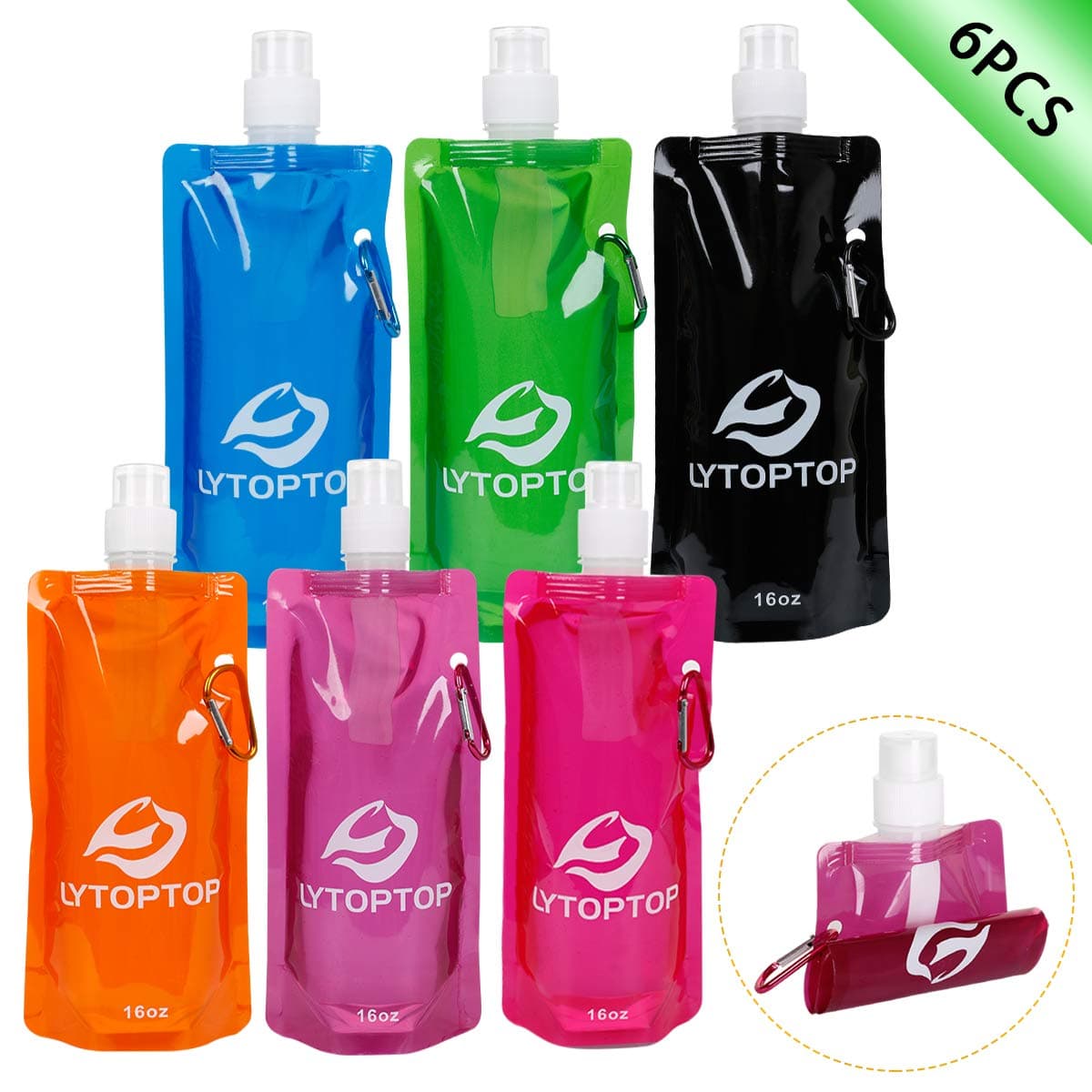 Collapsible Water Bottle- 6-Pack 16 oz Reusable Drinking Waterbottles with Leak Proof Twist Cap for Camping, Biking, Hiking, Travel, BPA Free Foldable Water Bottle(6 Colors)