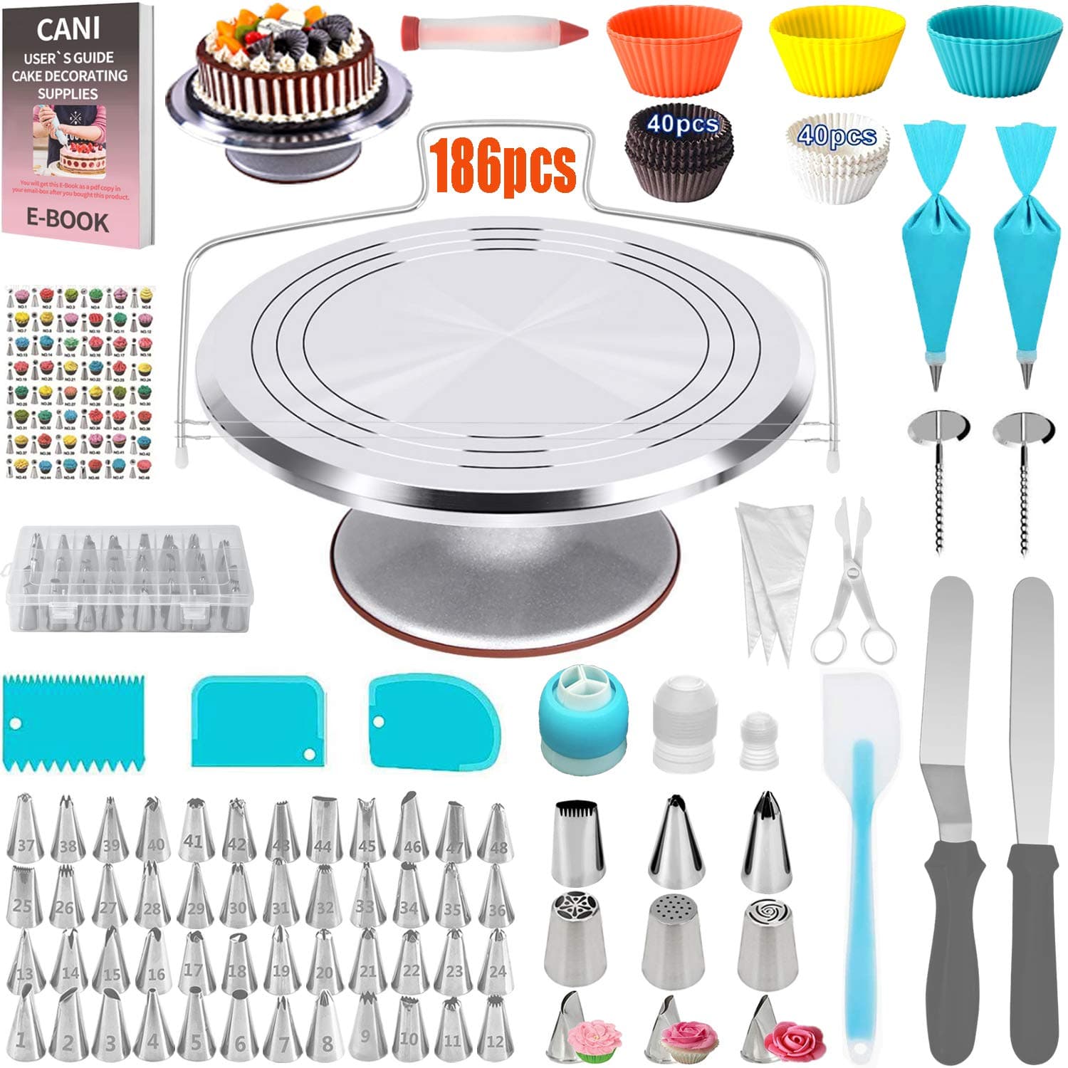 186 PCS Cake Decorating Kits with Revolving Cake Turntable - Cake Decorating Tools include 57 Numbered Piping Tips E-book Guide 3 Frosting Spatulas Baking Supplies for Pro Bakers and Beginners