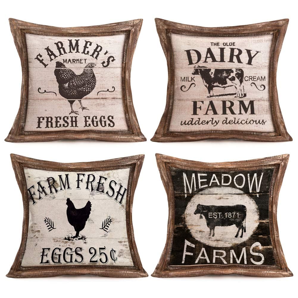Farmhouse Decorative Throw Pillow Covers Rustic Poultry Animal Quote with Retro Wood Cushion Decor Pillowcase Farm Fresh Rooster Eggs Dairy Cow Cotton Linen Cushion Cover Set of 4,18’’x18''