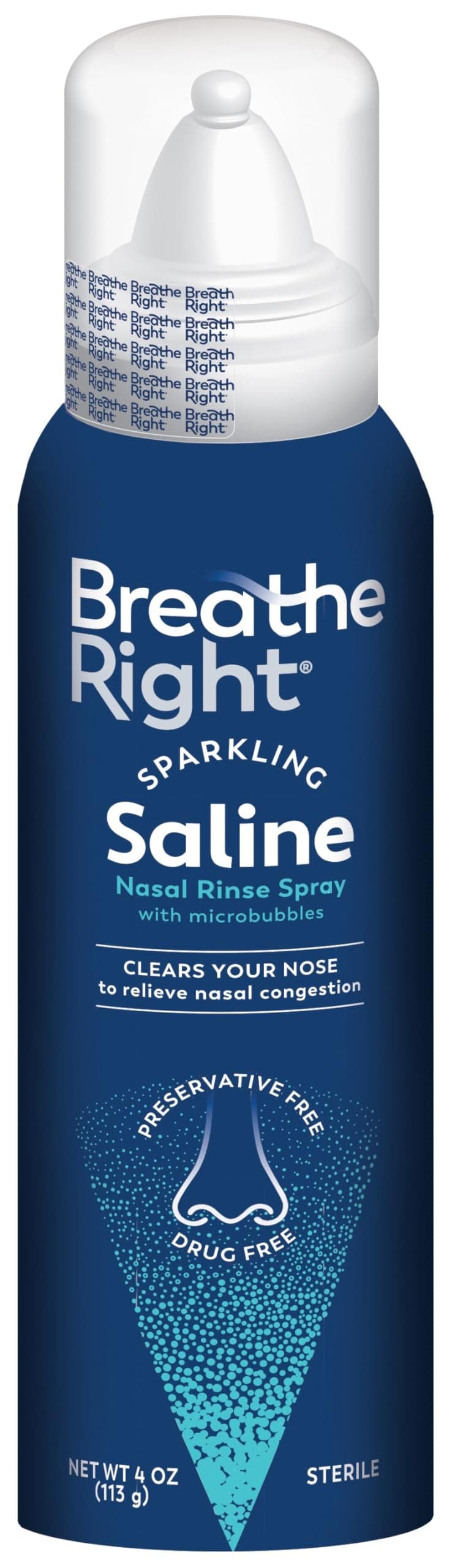 Breathe Right Sparkling Saline Nasal Rinse Spray – Effervescent, Drug-Free Relief from Stuffy Nose Due to Cold or Allergy – A Sparkling Sensation Only Bubbles Can Bring – 1 Can, 4.0 oz