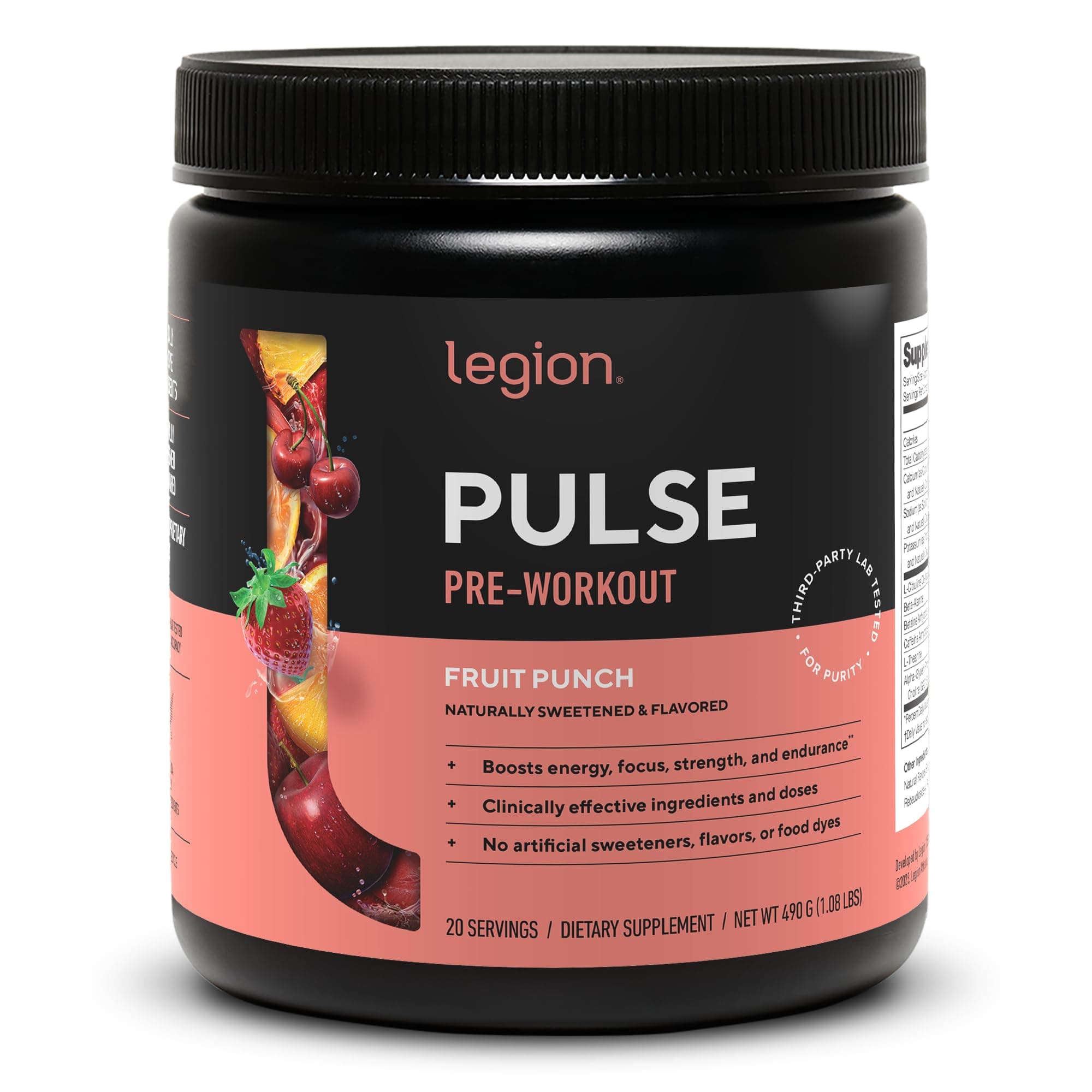 LEGION Pulse Pre Workout Supplement - All Natural Nitric Oxide Preworkout Drink to Boost Energy, Creatine Free, Naturally Sweetened, Beta Alanine, Citrulline, Alpha GPC (Fruit Punch)
