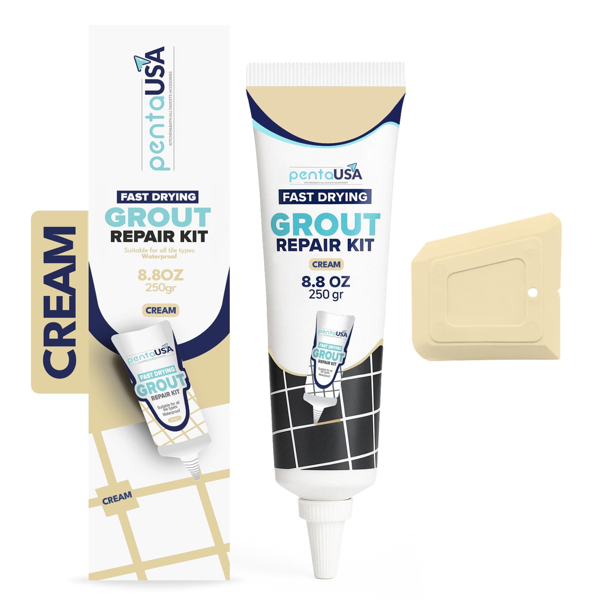 Tile Grout Repair Kit - Premixed and Ready to Use for Kitchen Tiles, Shower & Bathroom Grout, Waterproof Formula / 250g - 8,8oz - 0.55 lb (Cream/Ivory)