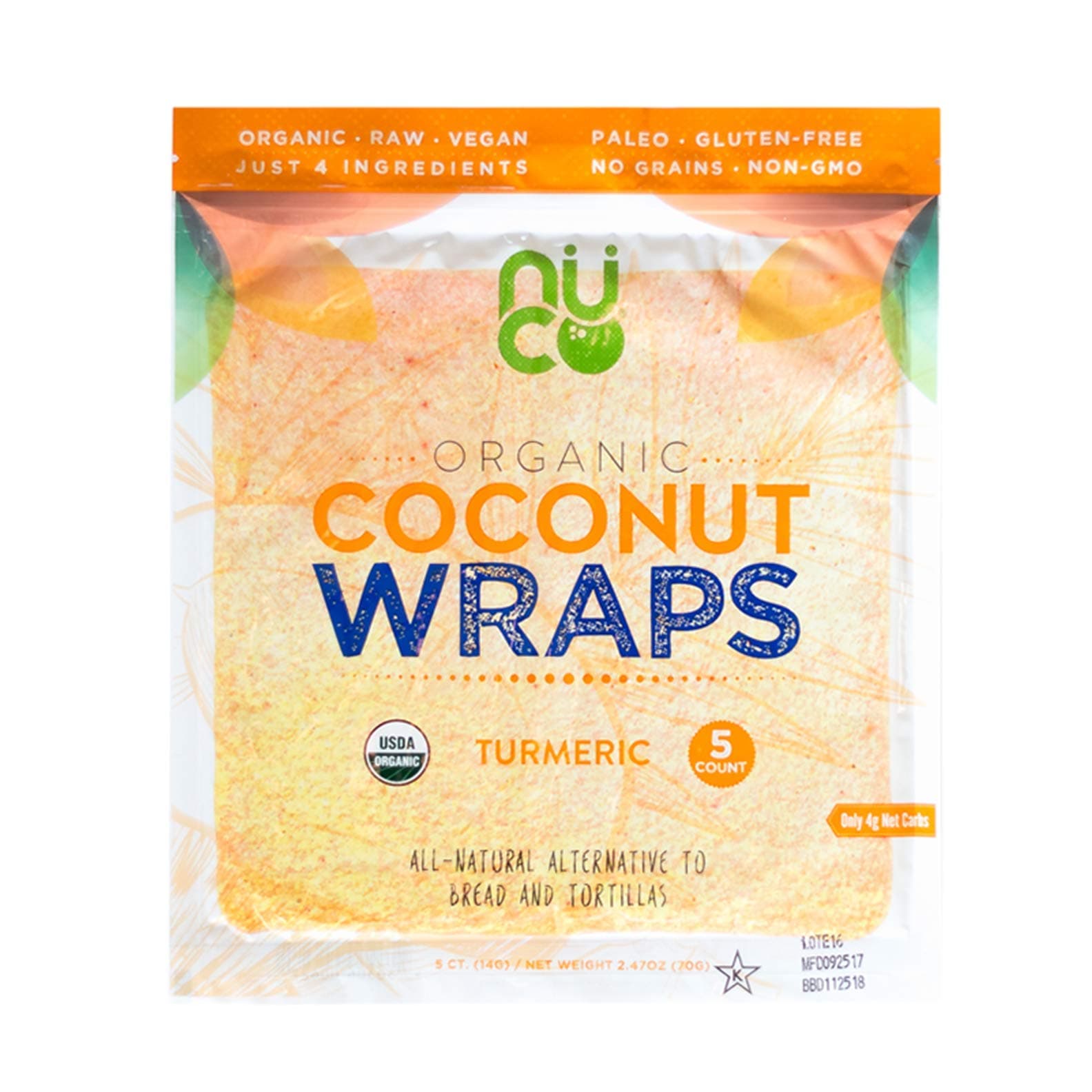 Certified ORGANIC Paleo Gluten Free Vegan "Turmeric" Coconut Wraps, 5 Count (One Pack of Five Wraps)