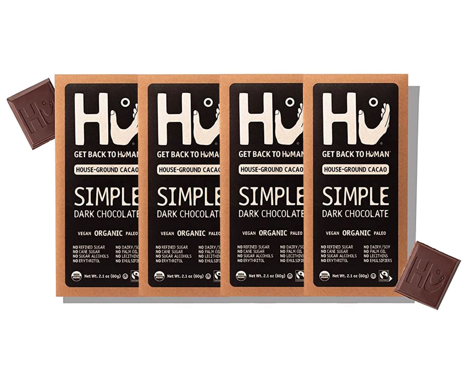 Hu Chocolate Bars | 4 Pack Simple Chocolate | Natural Organic Vegan, Gluten Free, Paleo, Non GMO, Fair Trade Dark Chocolate | 2.1oz Each