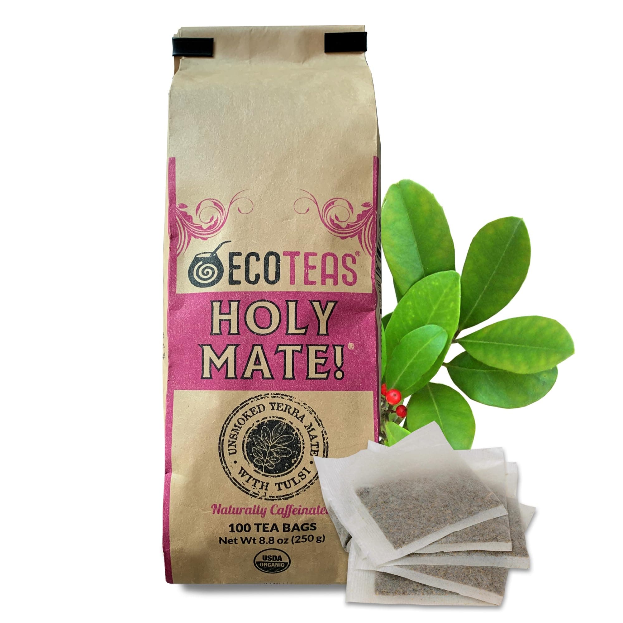 Holy Mate! Organic Yerba Mate Tea Bags with Tulsi & Mint – Natural Energy, Detox Herbal Tea, Stress Support – Kosher, Non-GMO, Gluten-Free - 100 Bulk Bags, 8.8 oz (Pack of 1)