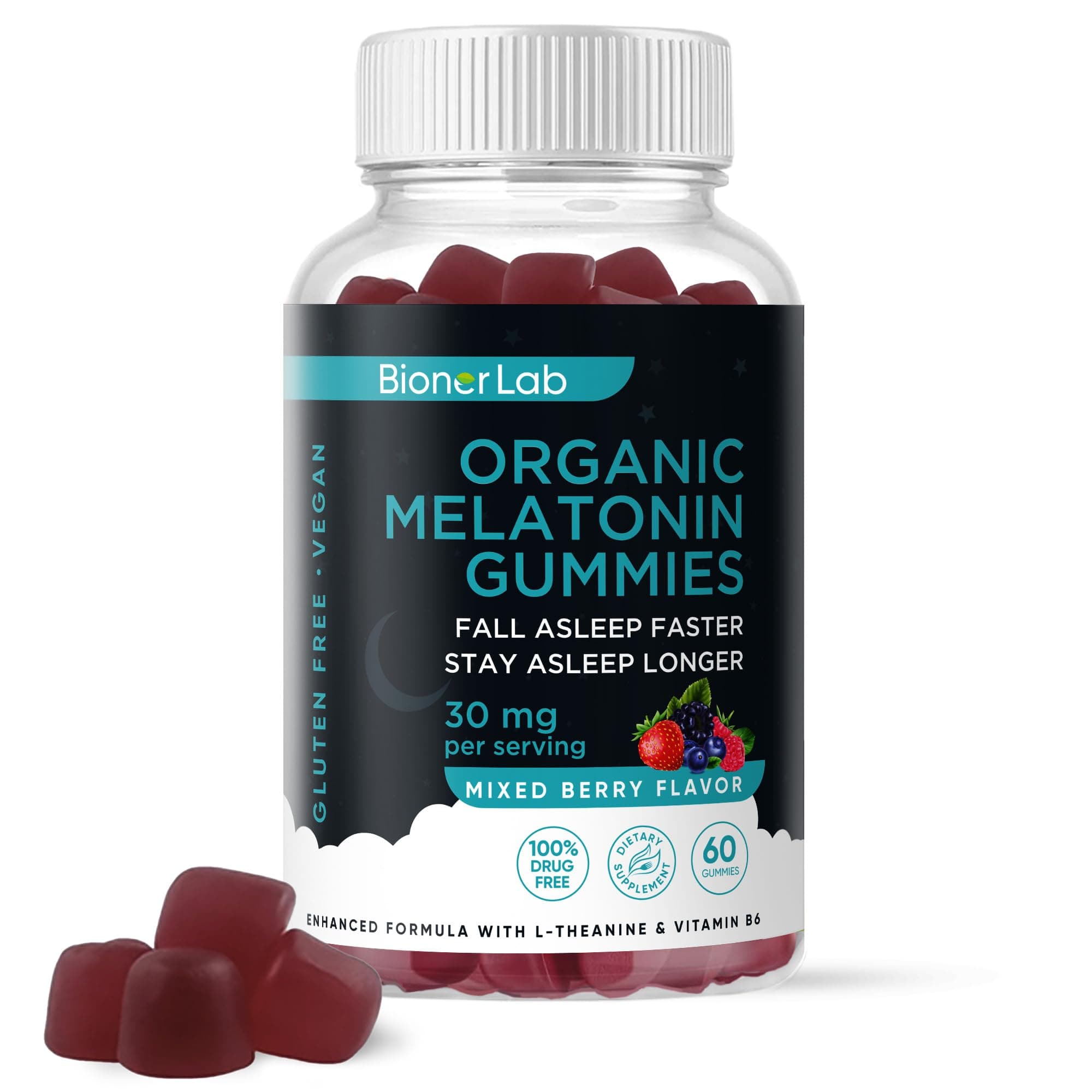 BionerLab Melatonin Gummies (30mg) Enhanced with L-theanine & Vitamin B6 for Adult Women Men - Extra Strength Chewables Calm Gummy - Gluten Free
