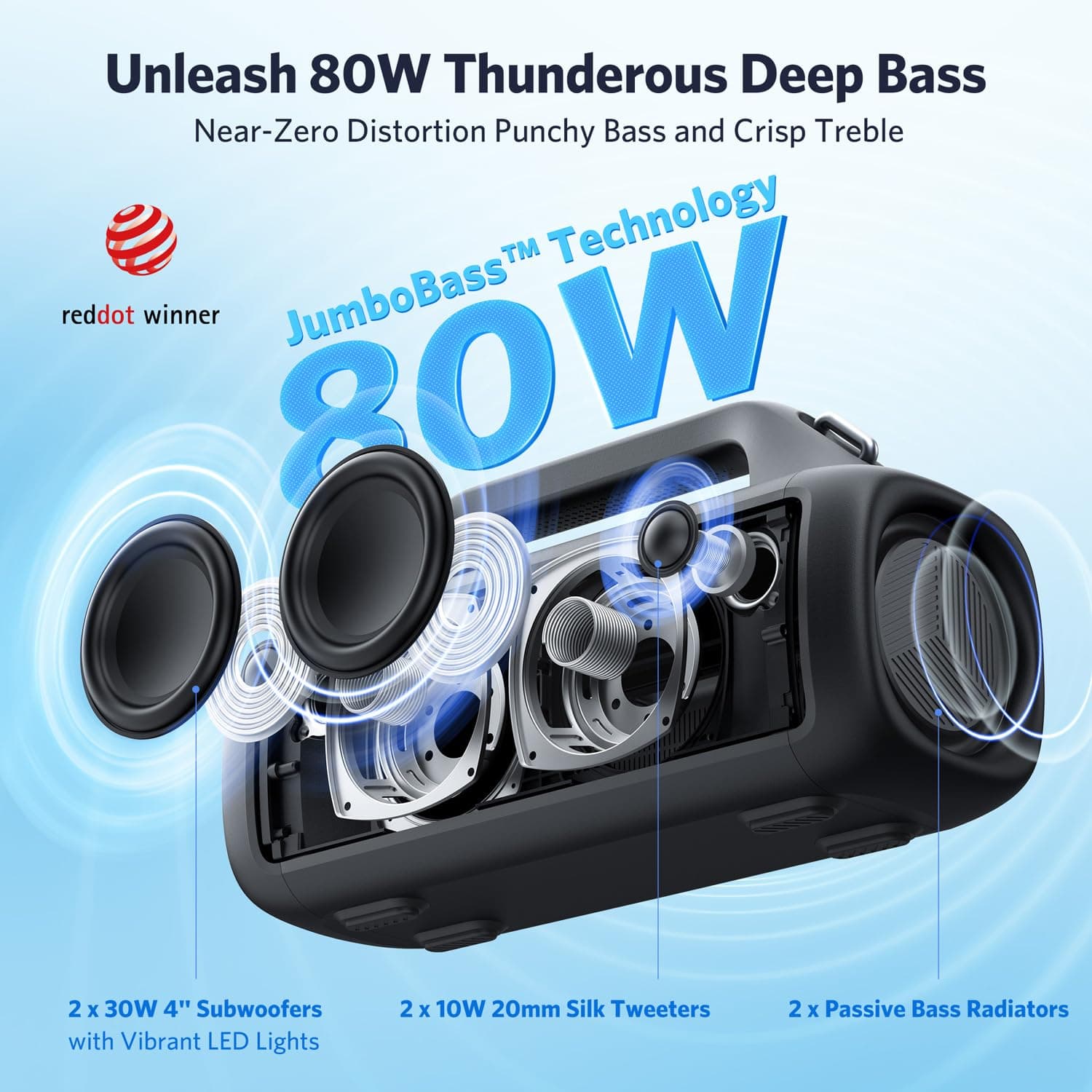 EarFun UBOOM X Portable Bluetooth Speakers, 80W Stereo Sound Booming Bass, IP67 Waterproof Bluetooth 5.3, RGB Light, 30H Playtime, Custom EQ, PowerBank, Outdoor Speaker for Camping, Beach, Backyard