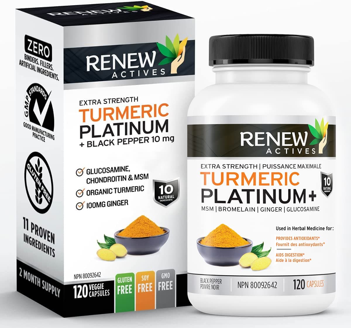 Renew Actives Turmeric Platinum 1350MG per 3 Capsules with Black Pepper & Ginger – Antioxidant, Liver & Digestive Support – Reduces Inflammation & Boosts Immunity – Made in Canada – 120 Capsules