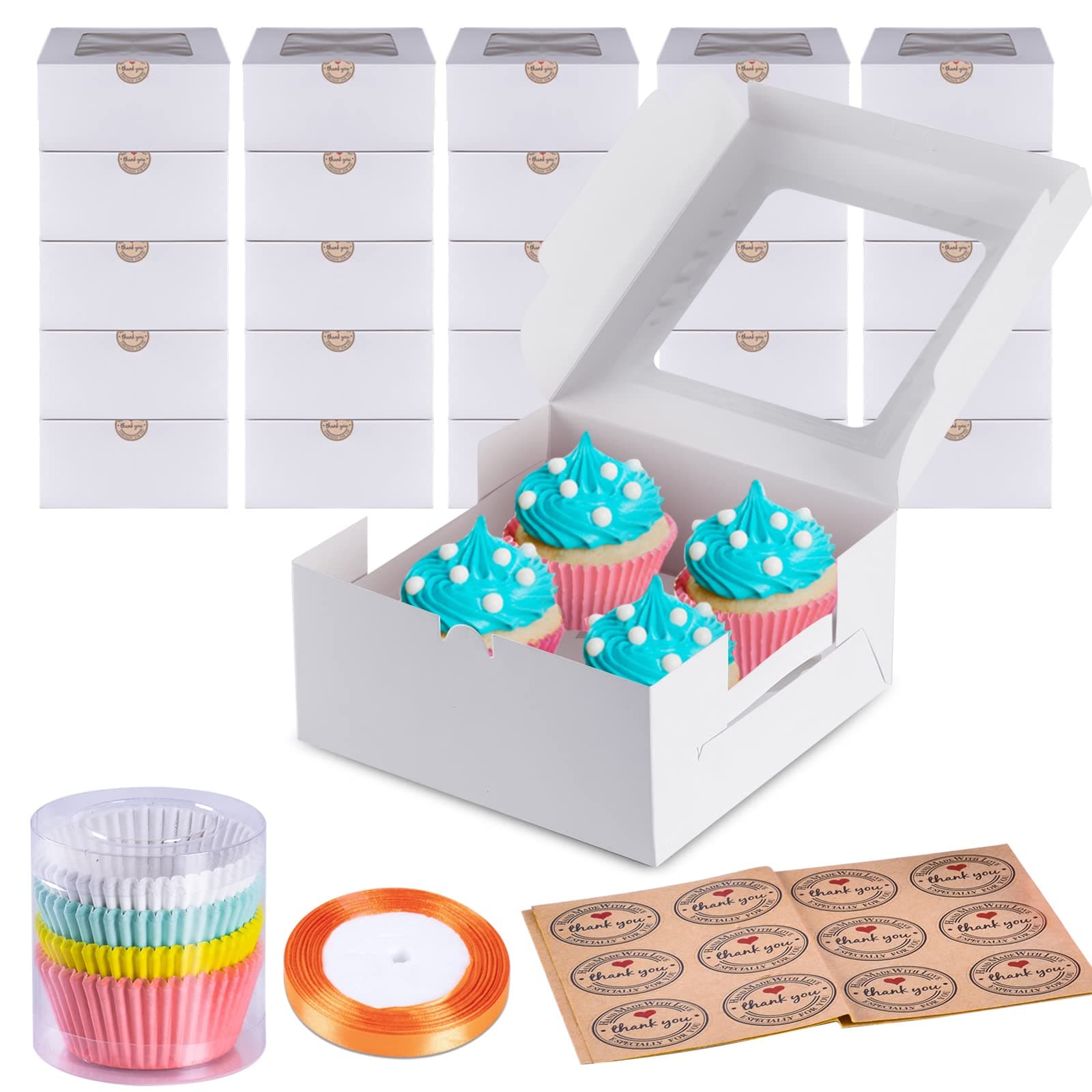 Shine Decor Cupcake Boxes 4 Hole (Pack of 25) with 100 Multicolor Cupcake Cases and 24 Thank You Stickers and Ribbon, Recyclable Satin Finish 4 Cupcake Box with Window for Muffin Pastries Brownies