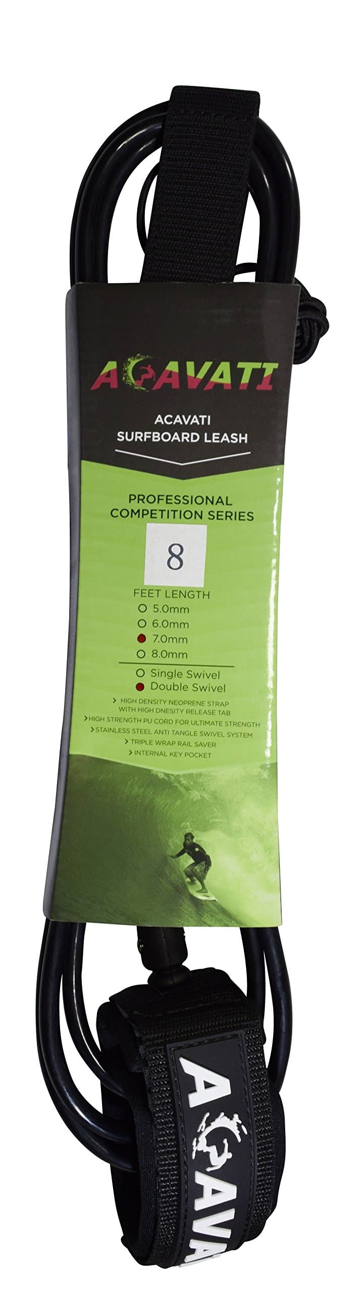 Acavati - Surfboard Leash - 7mm Thickness – Black Color- Competition Series with Double Stainless Steel Anti Tangle Swivel System – New Surfing Leash - Heavy Duty Strap System