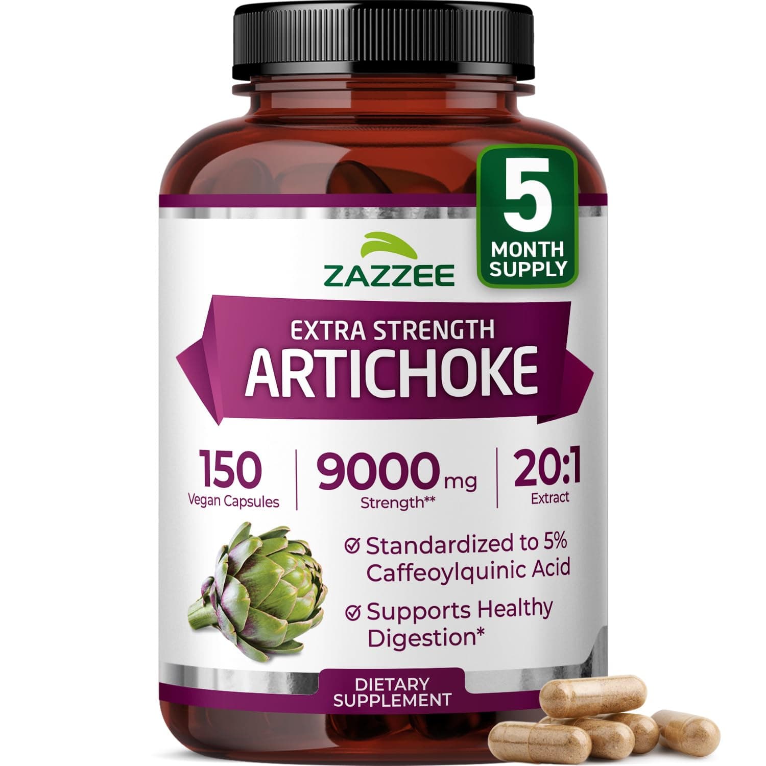 Extra Strength Artichoke 20:1 Extract, 9000 mg Strength, 5% Caffeoylquinic Acid, 150 Vegan Capsules, 5 Month Supply, Concentrated and Standardized 20X Extract, Non-GMO and All-Natural