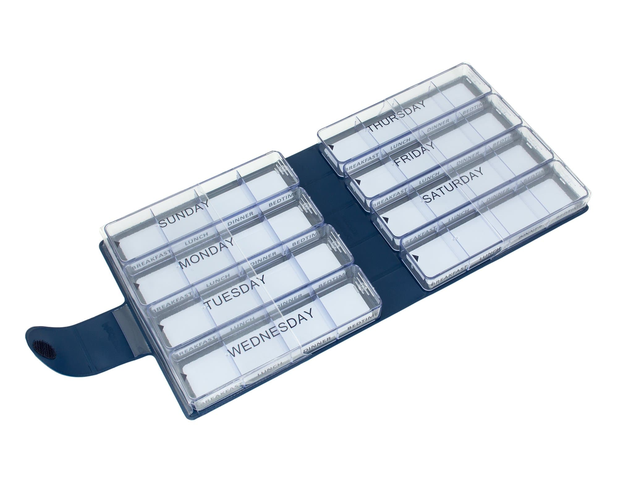 Pill Organiser 7 Day | 1 Large Pill Box for Each Day of The Week +1 Extra | 4 Compartments: “Breakfast, Lunch, Dinner, Bedtime” | Vinyl Case in Blue