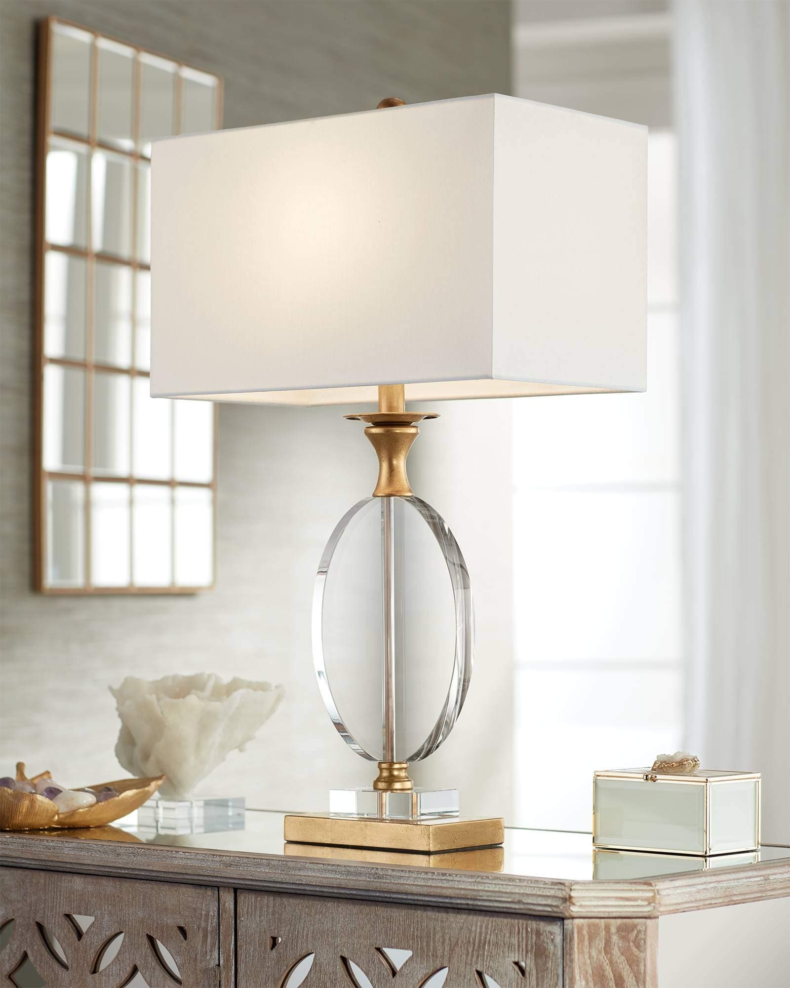 Vienna Full Spectrum Valerie Modern Glam Luxury Table Lamp 28" Tall Gold Clear Crystal Glass White Fabric Rectangular Shade for Living Room Bedroom House Bedside Nightstand Home Office Family