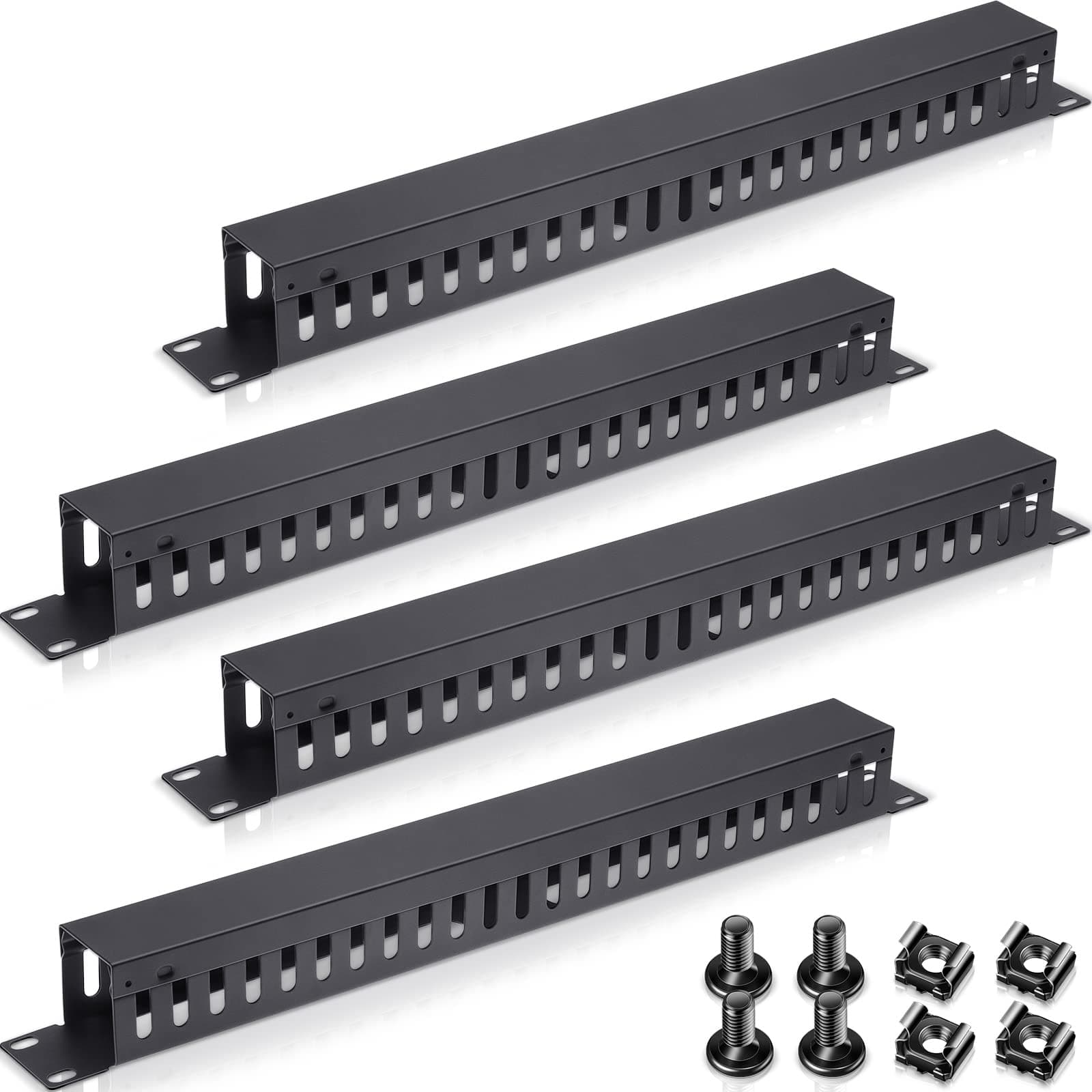 Leinuosen 4 Pcak 1U 19'' Cable Manager 24 Slot Horizontal Rack Mount Wire Management Server Rack Management Metal Finger Duct Wire Organizer with Cover and Mounting Screws for Network Cabinet