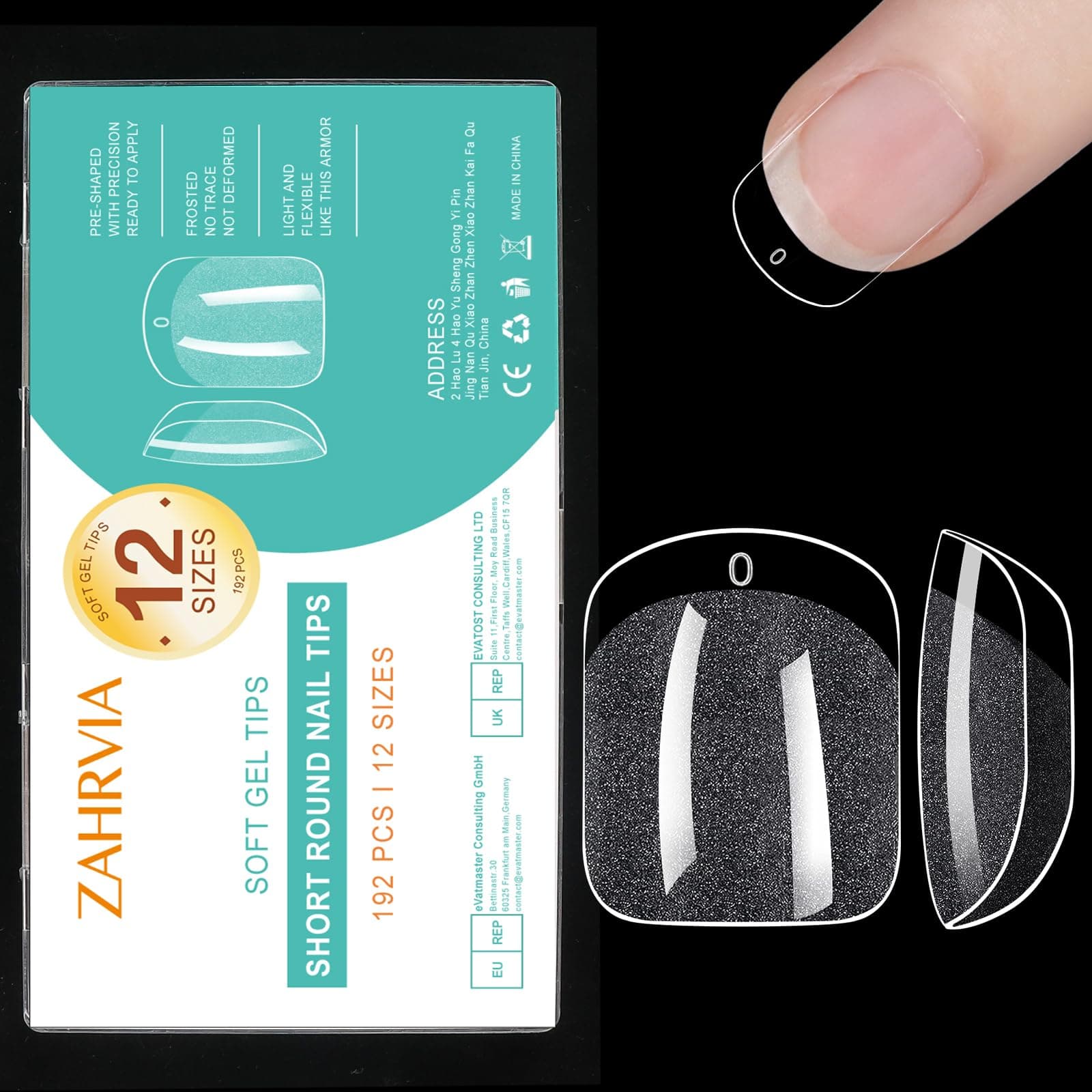 Short Round Nail Tips - Clear Nails Tip, ZAHRVIA Soft Gel Full Cover for Soak Off Nail Extensions Kit - 192PCS 12 Sizes