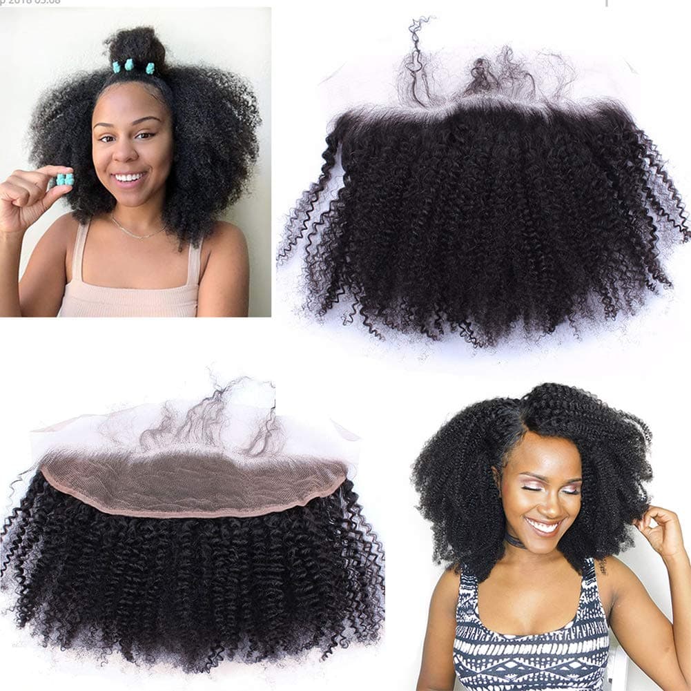 Afro Kinky Curly 13X4 Lace Frontal Closure Ear To Ear Free Part Unprocessed Mongolian Human Hair Top Full Lace Frontal Closure Piece With Baby Hair Natural Color 20"inch